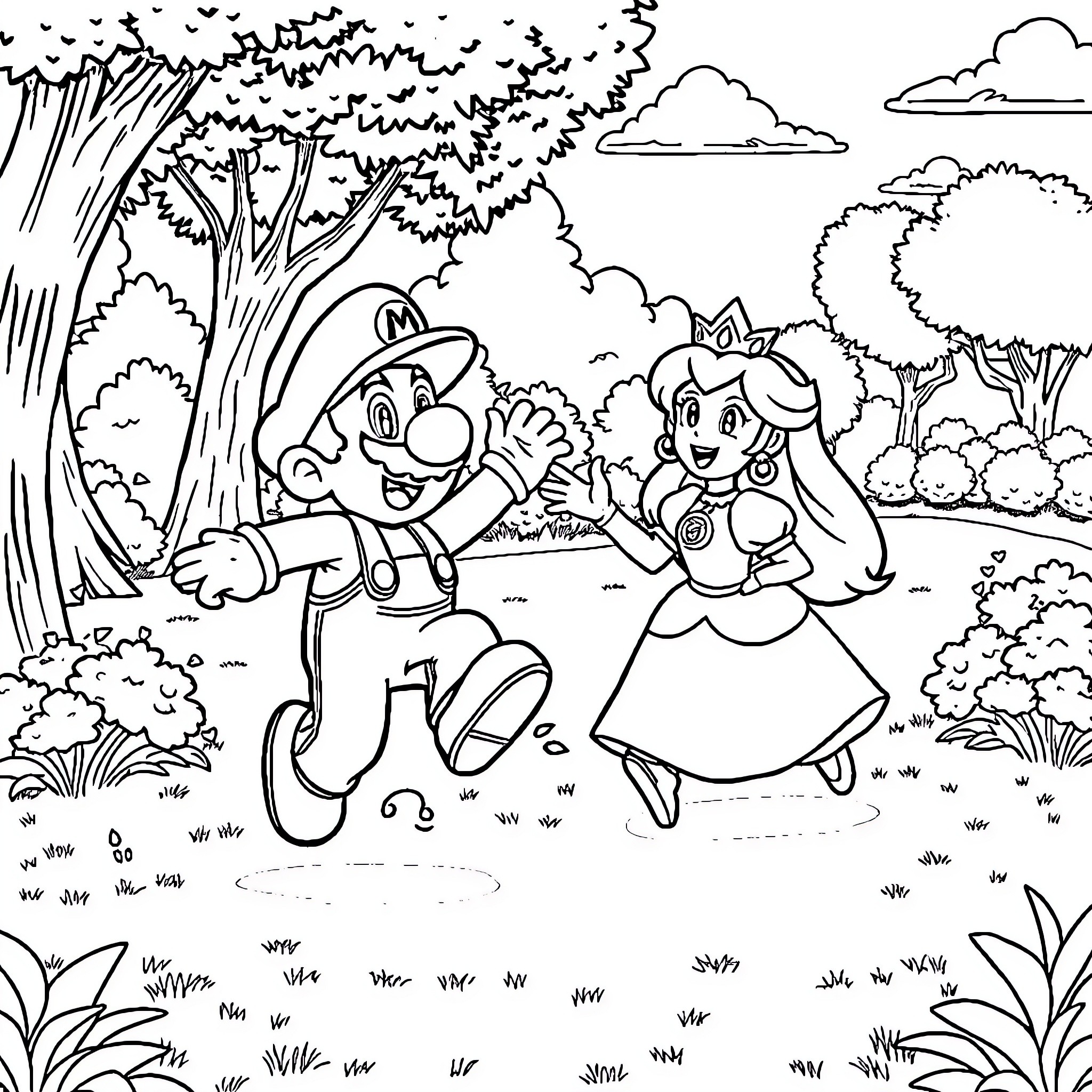 Mario and Princess Peach in Whimsical Woodland Adventure Coloring Page (free black-and-white line drawing printable PDF for all, from beginners to advanced learners, including children, teens, adults, and seniors)