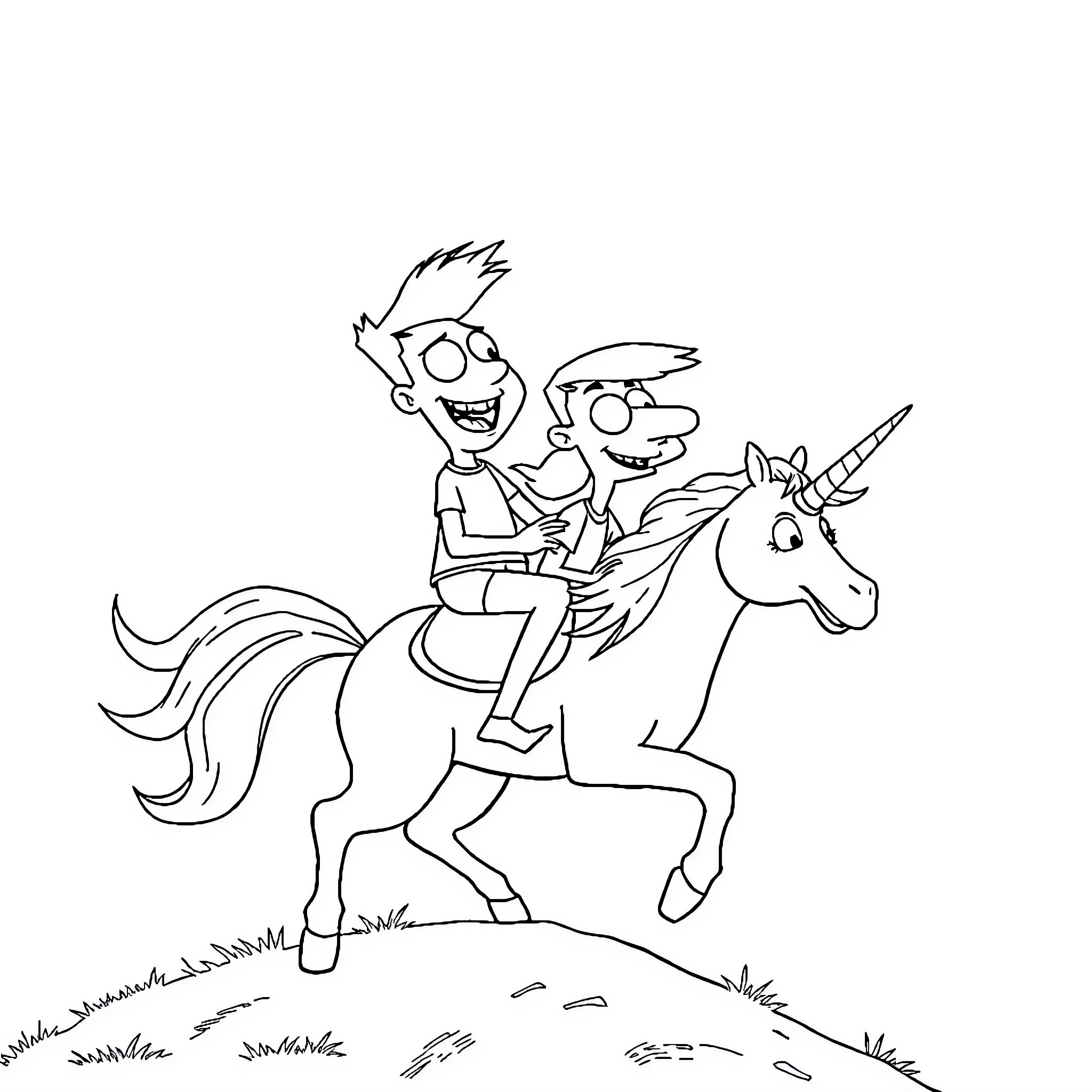 Phineas and Ferb's Unicorn Adventure Coloring Page (free black-and-white line drawing printable PDF for all, from beginners to advanced learners, including children, teens, adults, and seniors)