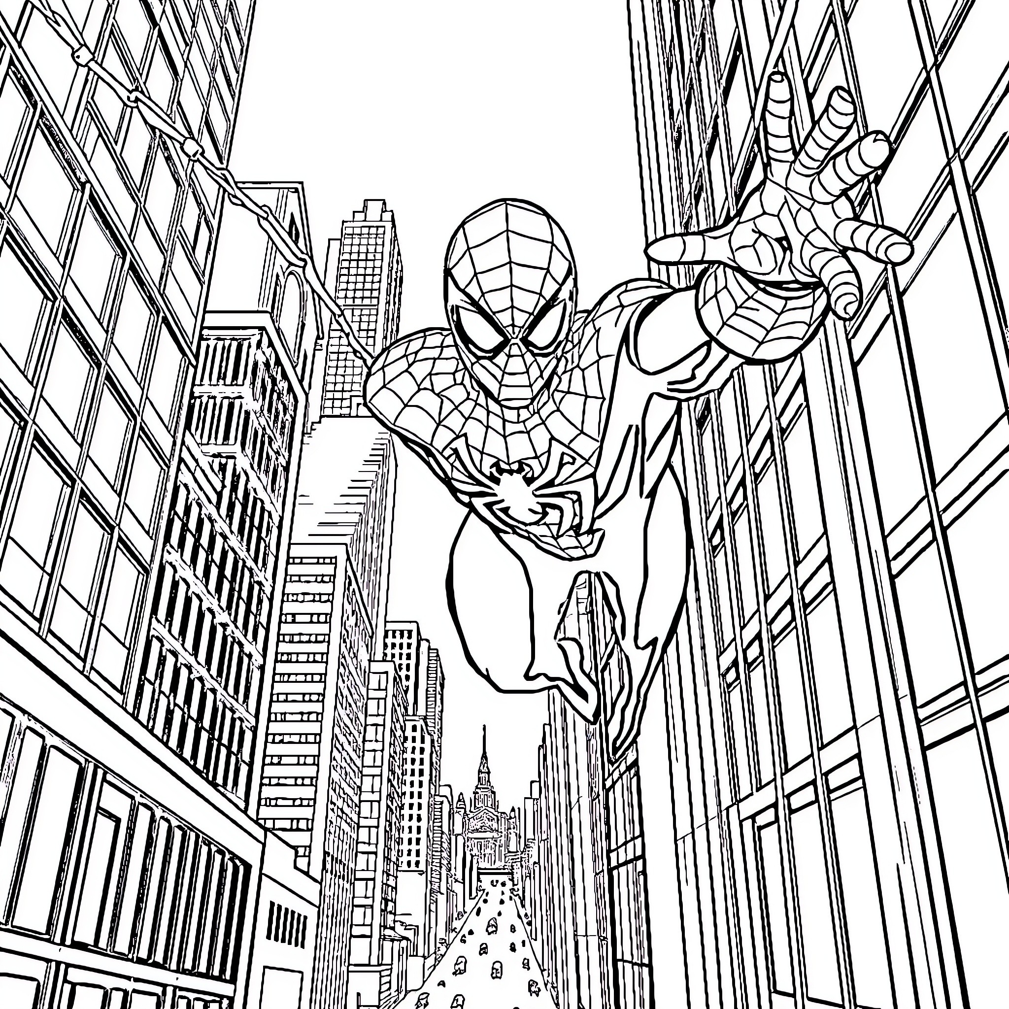 Spiderman swinging through the city skyline Coloring Page (free black-and-white line drawing printable PDF for all, from beginners to advanced learners, including children, teens, adults, and seniors)