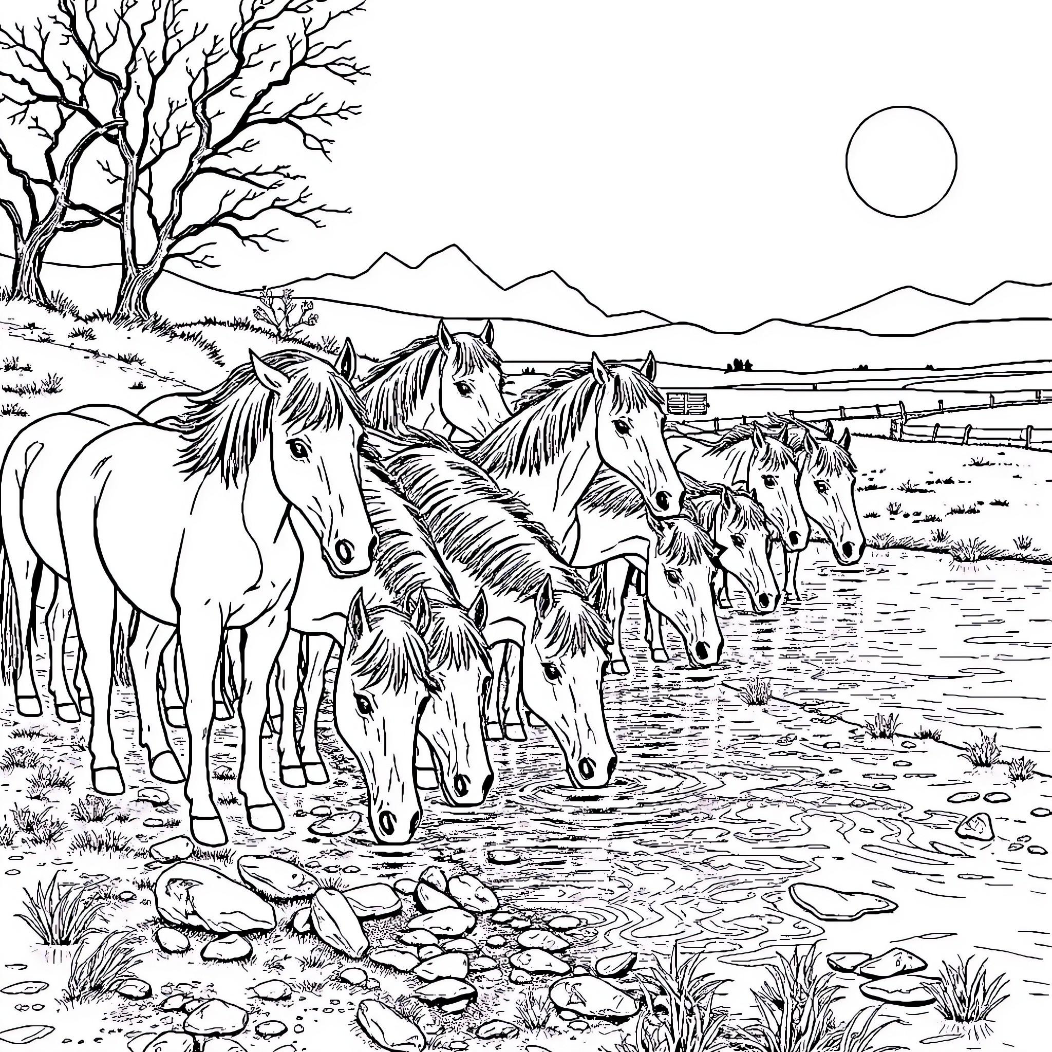 Horse herd exploring scenic mountain landscape Coloring Page (free black-and-white line drawing printable PDF for all, from beginners to advanced learners, including children, teens, adults, and seniors)