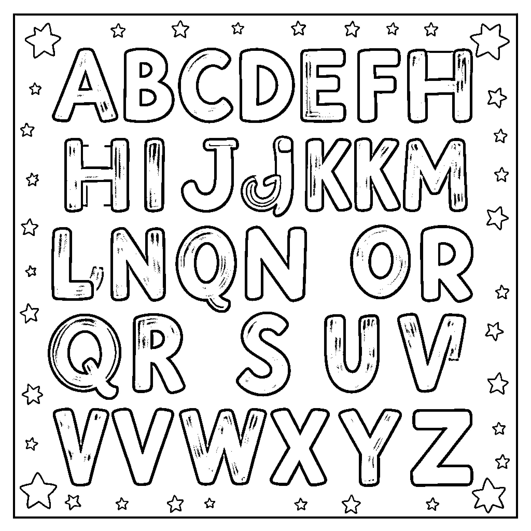 Alphabet letters with stars in a creative design Coloring Page (free black-and-white line drawing printable PDF for all, from beginners to advanced learners, including children, teens, adults, and seniors)