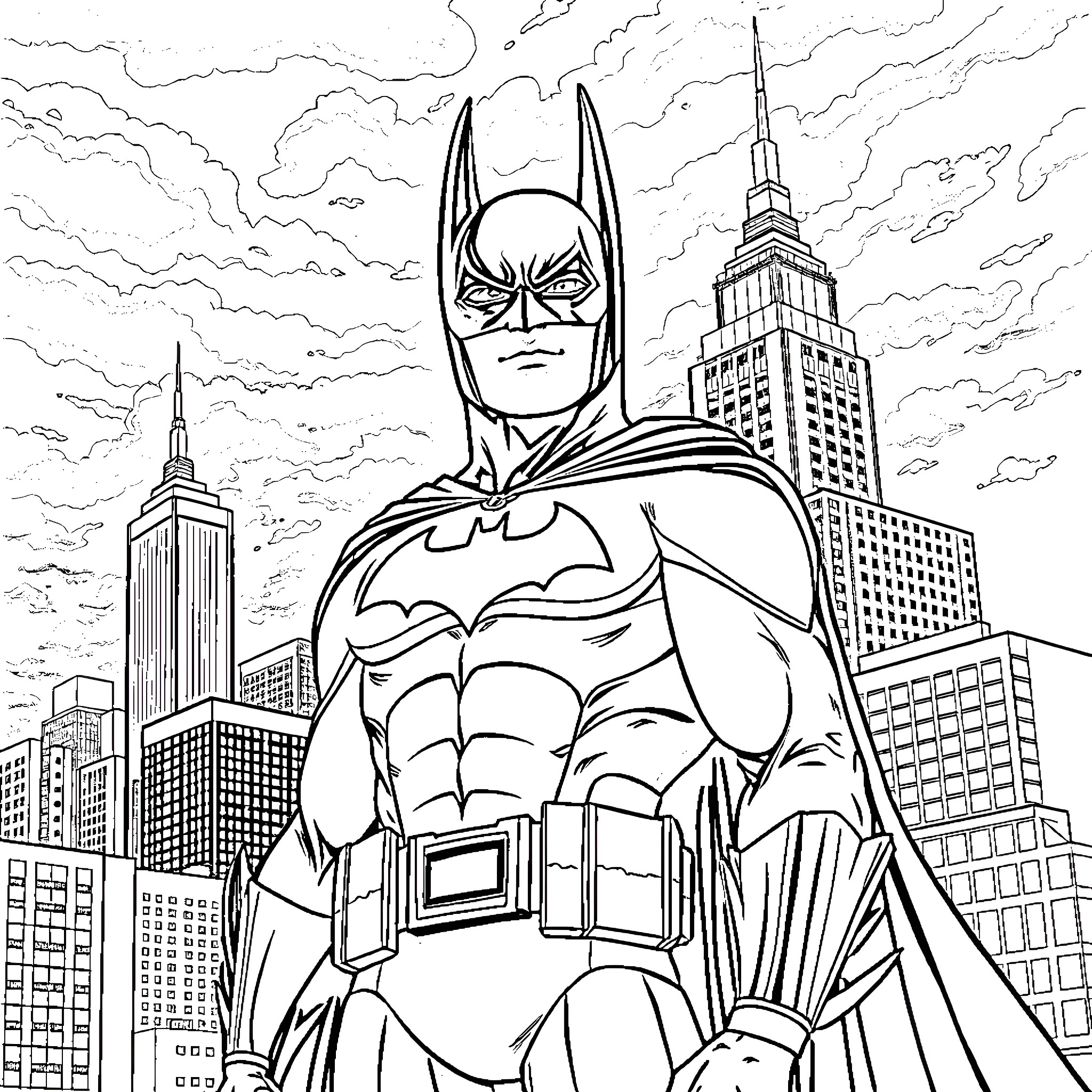 Nick Chubb in Batman Superhero Pose against City Skyline Coloring Page (free black-and-white line drawing printable PDF for all, from beginners to advanced learners, including children, teens, adults, and seniors)