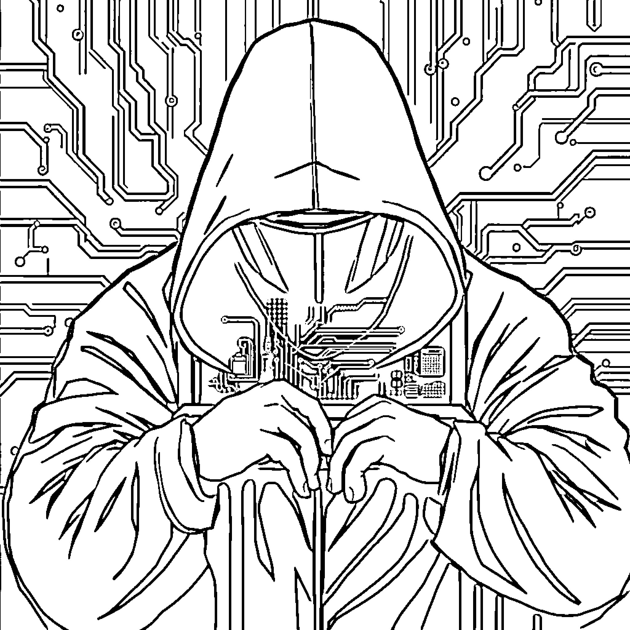 Cyber Defense: Hooded Figure Against Digital Backdrop Coloring Page (free black-and-white line drawing printable PDF for all, from beginners to advanced learners, including children, teens, adults, and seniors)