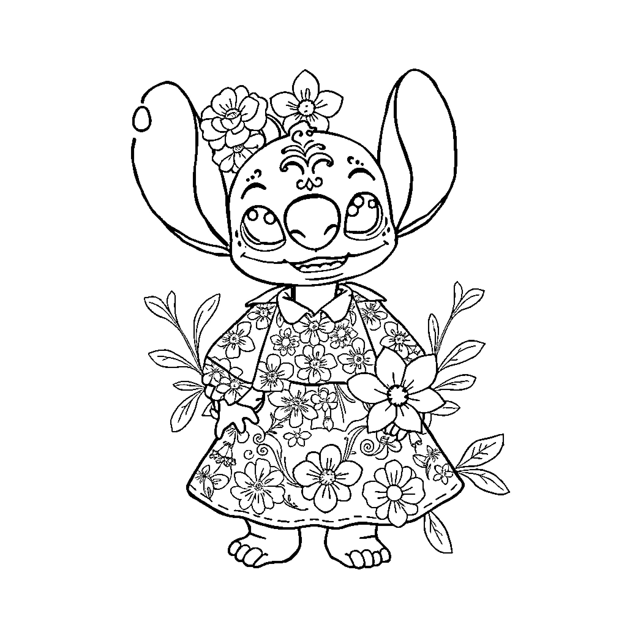 Stitch dressed in floral pattern outfit Coloring Page (free black-and-white line drawing printable PDF for all, from beginners to advanced learners, including children, teens, adults, and seniors)