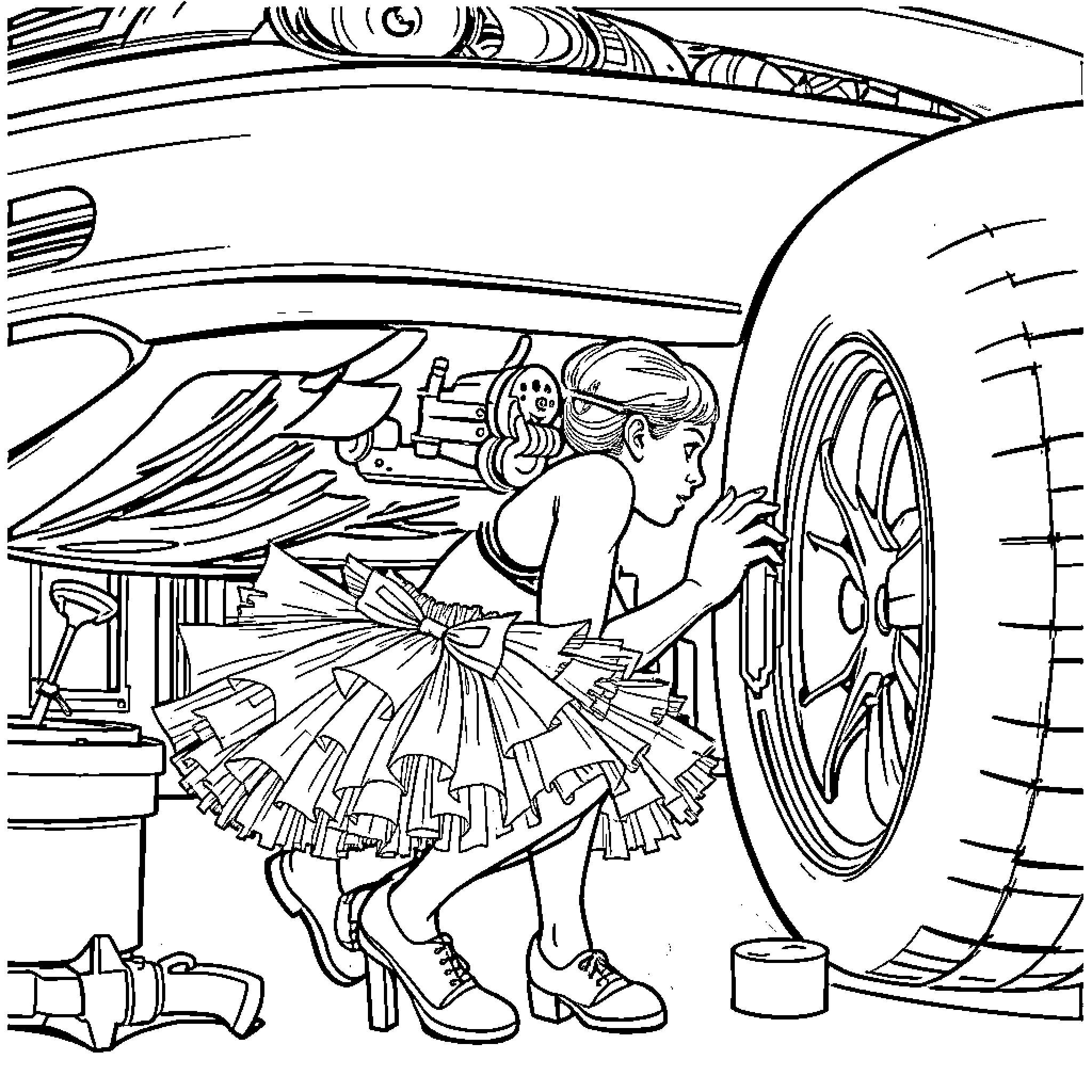 Mechanic in Tutu Repairing Car Coloring Page (free black-and-white line drawing printable PDF for all, from beginners to advanced learners, including children, teens, adults, and seniors)