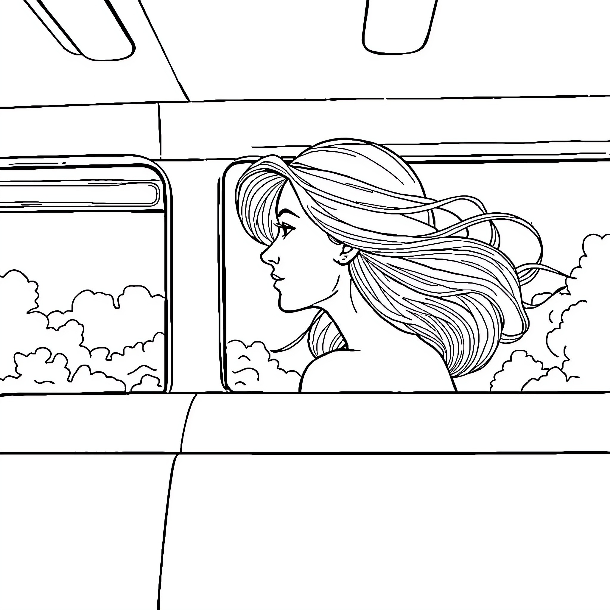 Woman looking out of the window with wind blowing her hair Coloring Page (free black-and-white line drawing printable PDF for all, from beginners to advanced learners, including children, teens, adults, and seniors)