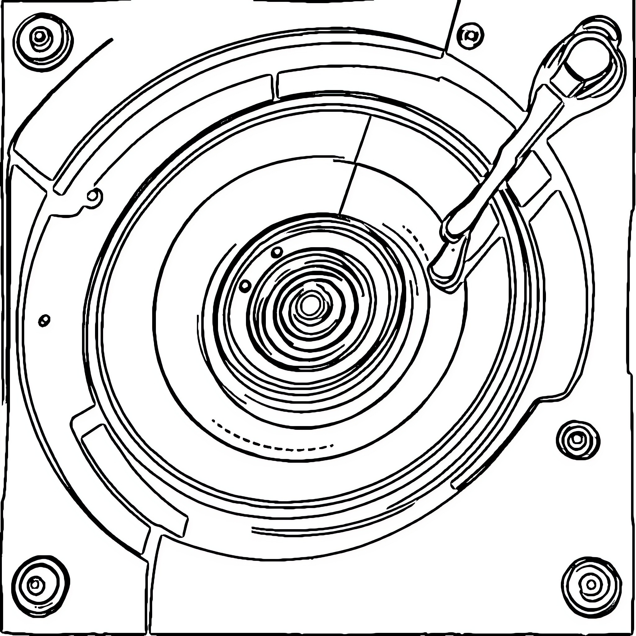 Disco Duro: Spiraling Abstract Machinery Coloring Page (free black-and-white line drawing printable PDF for all, from beginners to advanced learners, including children, teens, adults, and seniors)
