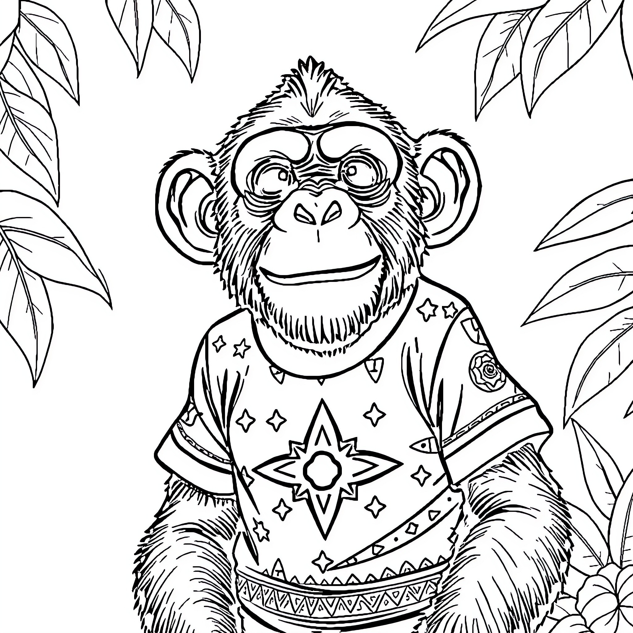 Chimpanzini wearing stylish tribal outfit in jungle setting Coloring Page (free black-and-white line drawing printable PDF for all, from beginners to advanced learners, including children, teens, adults, and seniors)