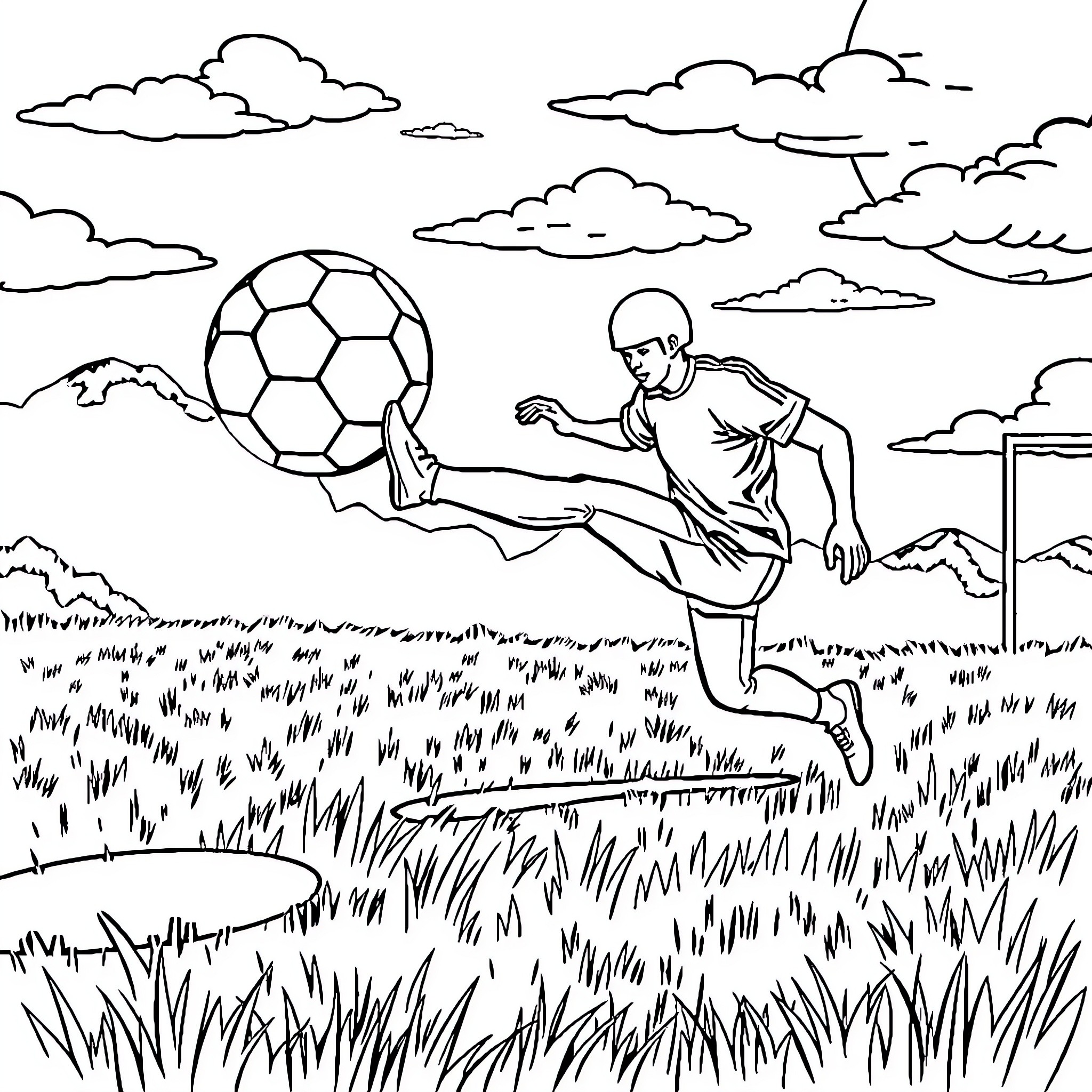 Football player kicking the ball on field Coloring Page (free black-and-white line drawing printable PDF for all, from beginners to advanced learners, including children, teens, adults, and seniors)