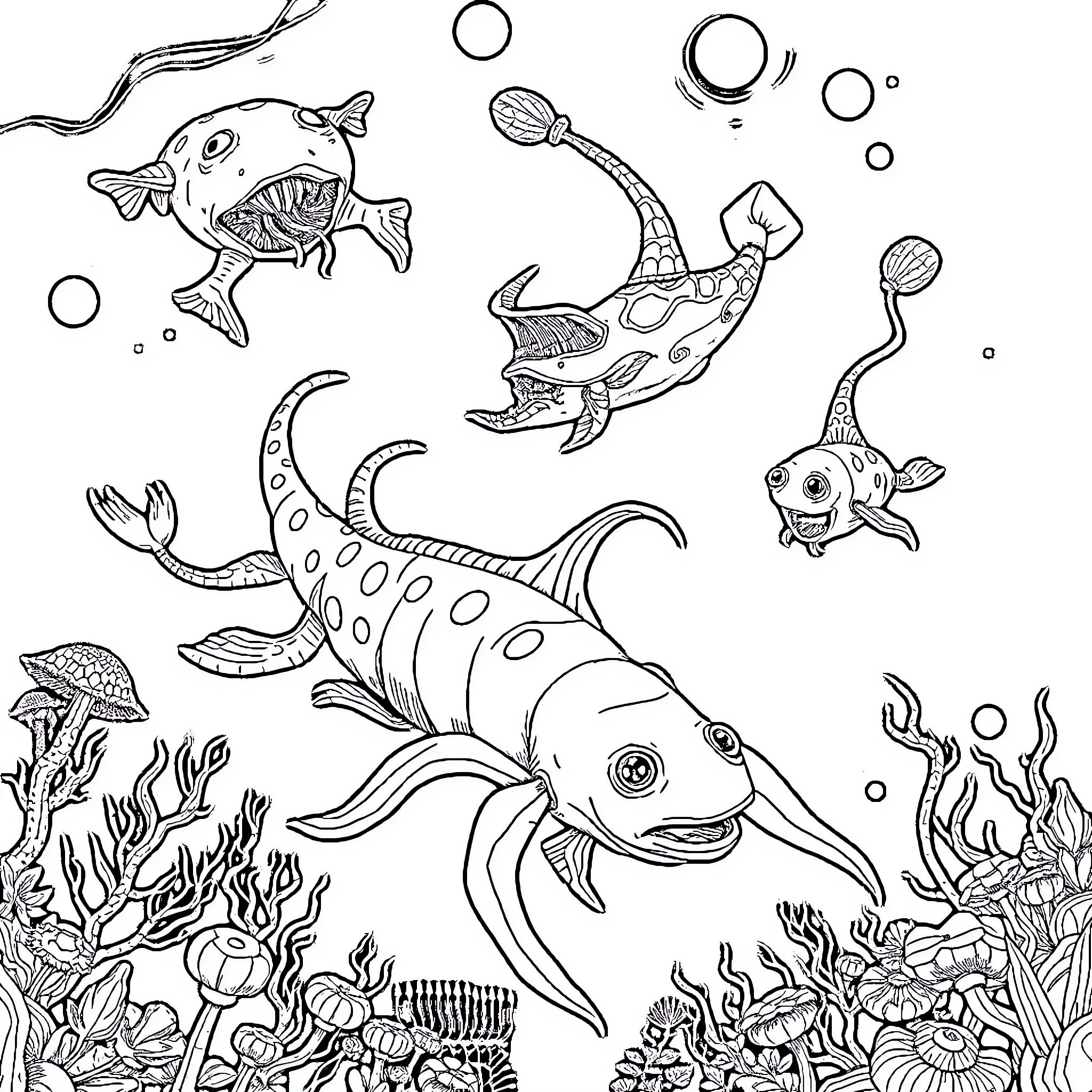 Sea Creatures Exploring the Underwater World Coloring Page (free black-and-white line drawing printable PDF for all, from beginners to advanced learners, including children, teens, adults, and seniors)