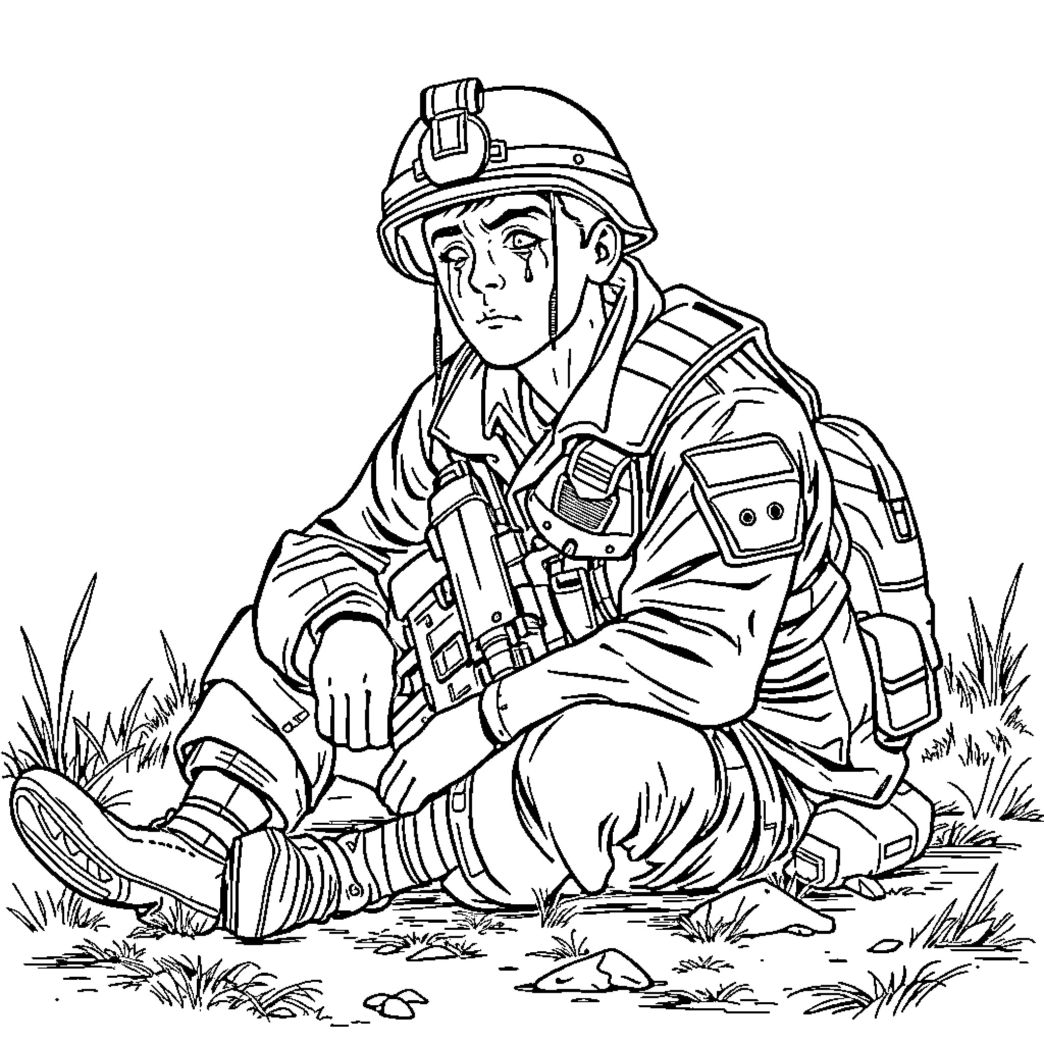 Soldier resting in the field after combat Coloring Page (free black-and-white line drawing printable PDF for all, from beginners to advanced learners, including children, teens, adults, and seniors)