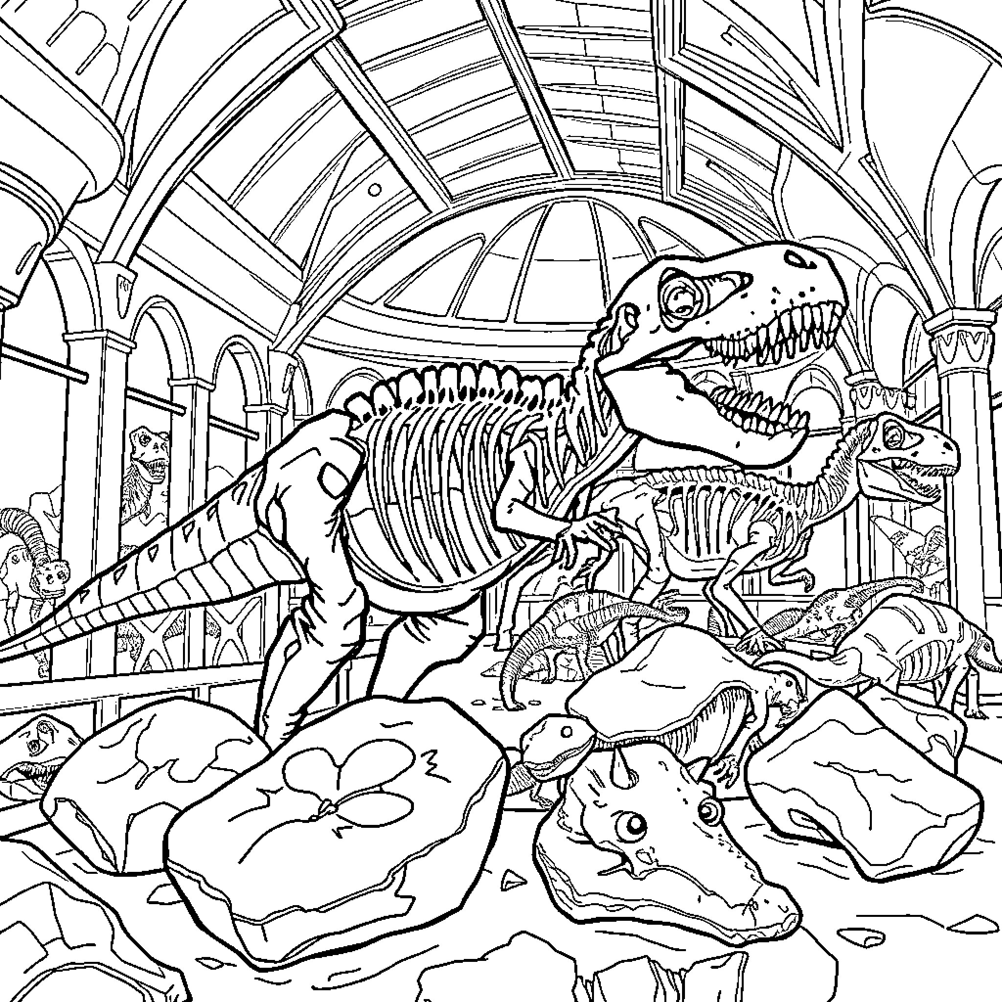 Dinosaur skeletons and fossils on display in a museum Coloring Page (free black-and-white line drawing printable PDF for all, from beginners to advanced learners, including children, teens, adults, and seniors)