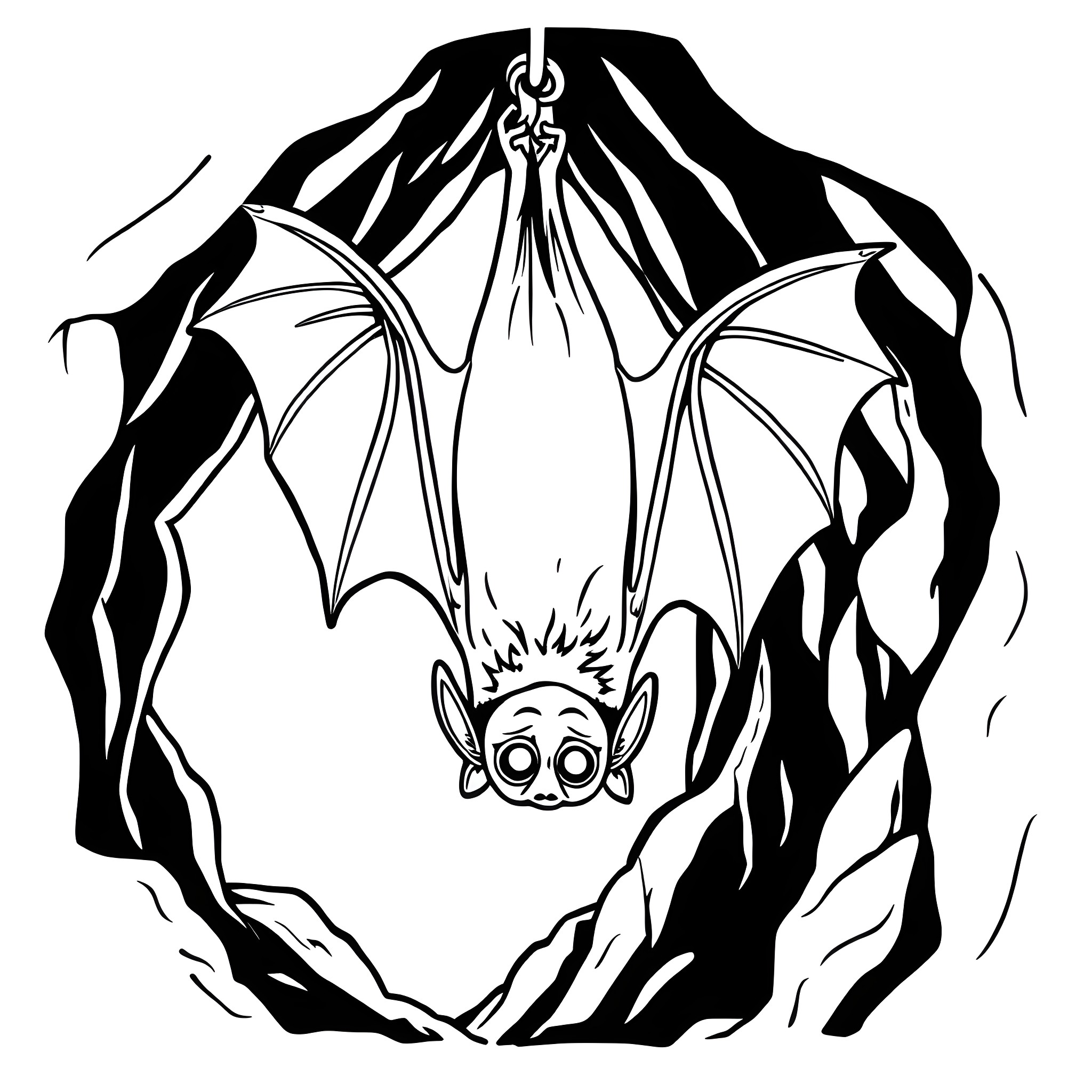 Bat flying out of a dark cave Coloring Page (free black-and-white line drawing printable PDF for all, from beginners to advanced learners, including children, teens, adults, and seniors)