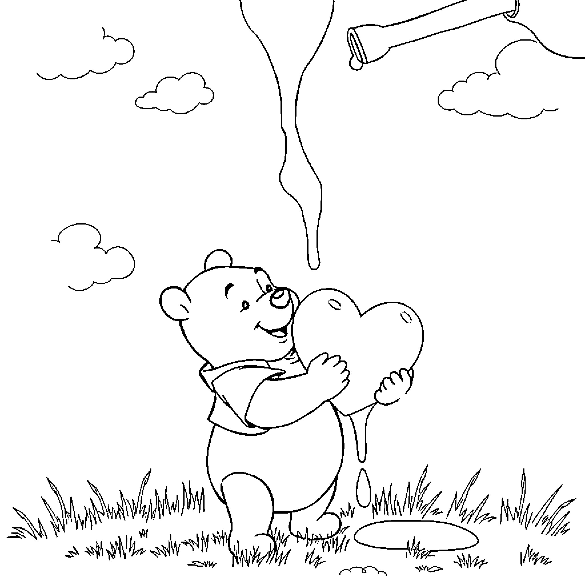 Winnie The Pooh playing joyfully in the park Coloring Page (free black-and-white line drawing printable PDF for all, from beginners to advanced learners, including children, teens, adults, and seniors)