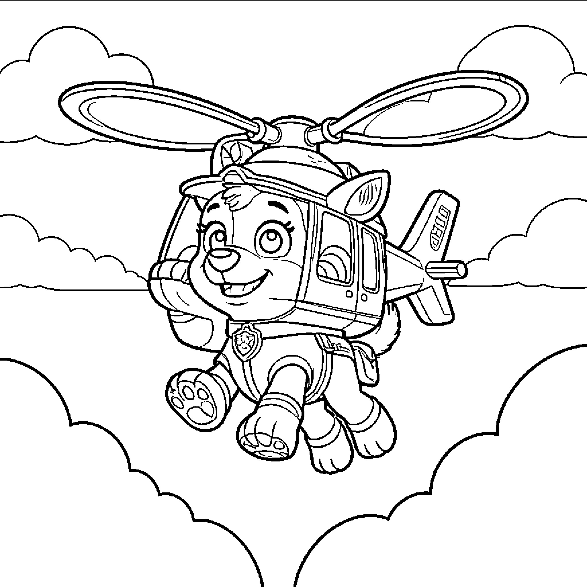 Sky view of a puppy flying a helicopter Coloring Page (free black-and-white line drawing printable PDF for all, from beginners to advanced learners, including children, teens, adults, and seniors)