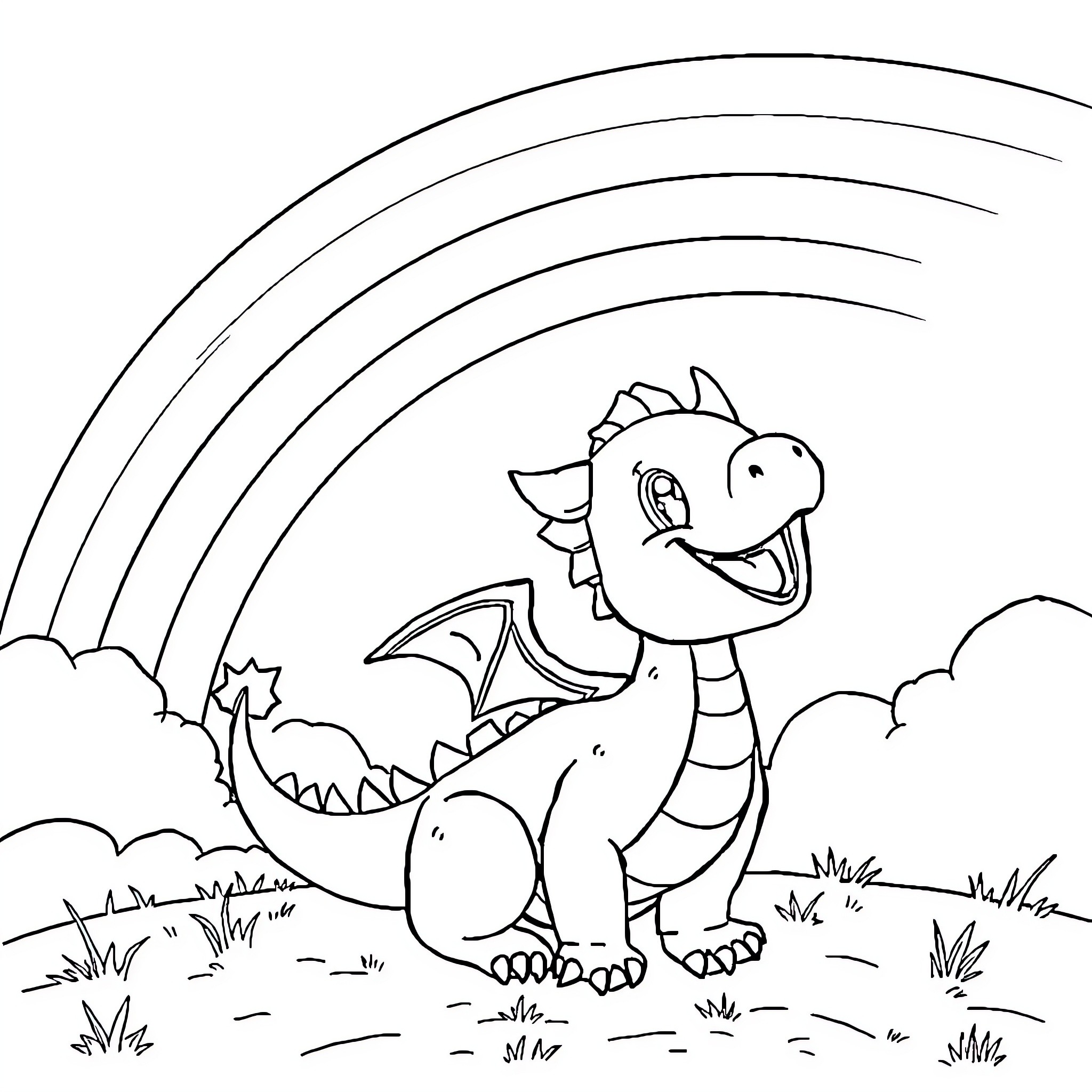 Dragon happily smiling in a field with rainbows Coloring Page (free black-and-white line drawing printable PDF for all, from beginners to advanced learners, including children, teens, adults, and seniors)