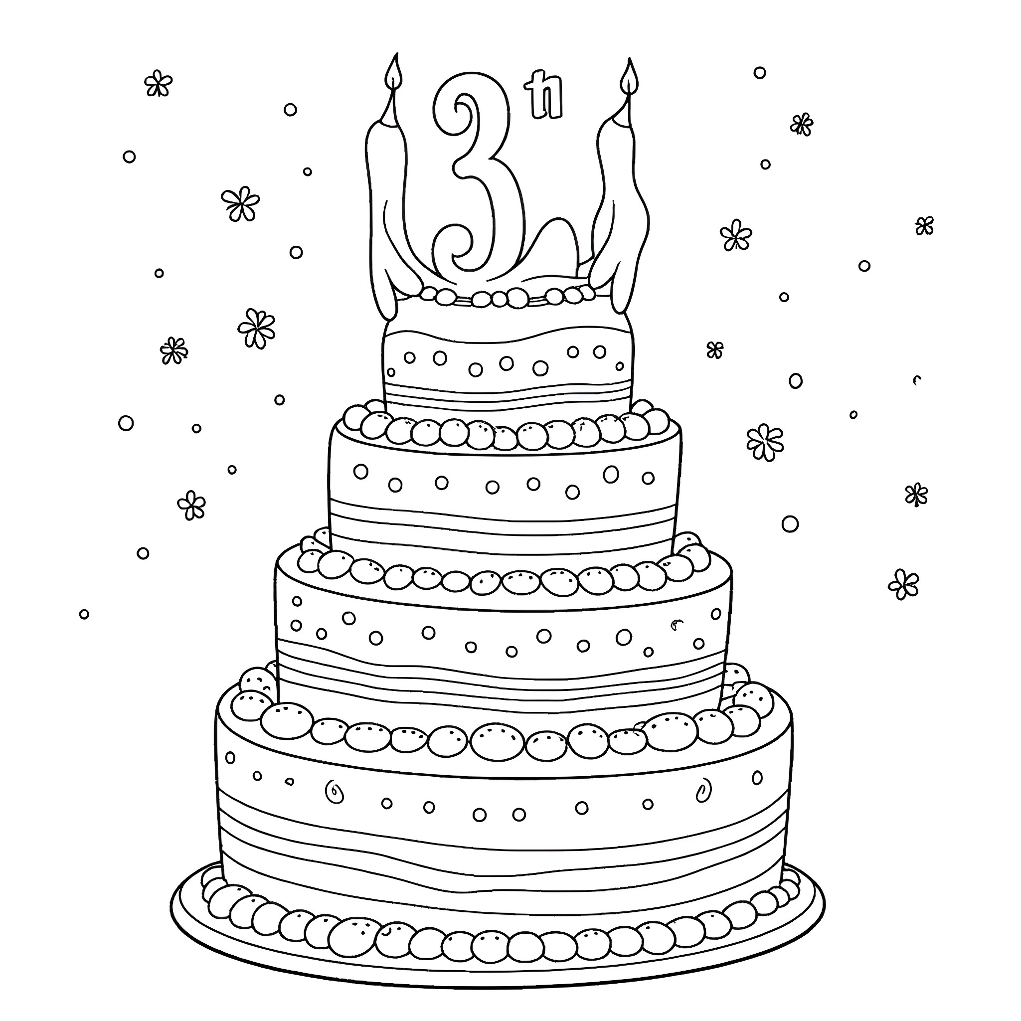 Birthday Cake with Candles and Decorations Coloring Page (free black-and-white line drawing printable PDF for all, from beginners to advanced learners, including children, teens, adults, and seniors)