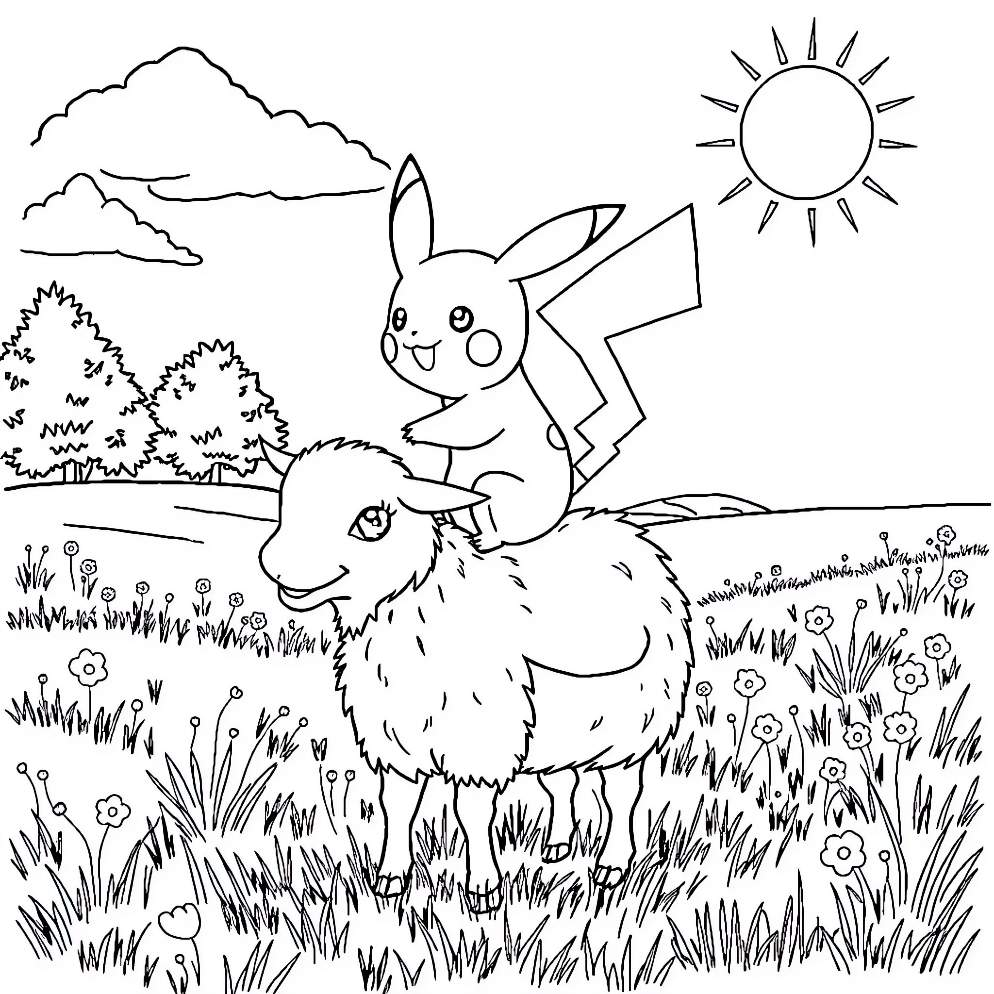 Pikachu exploring the outdoors with a furry friend Coloring Page (free black-and-white line drawing printable PDF for all, from beginners to advanced learners, including children, teens, adults, and seniors)