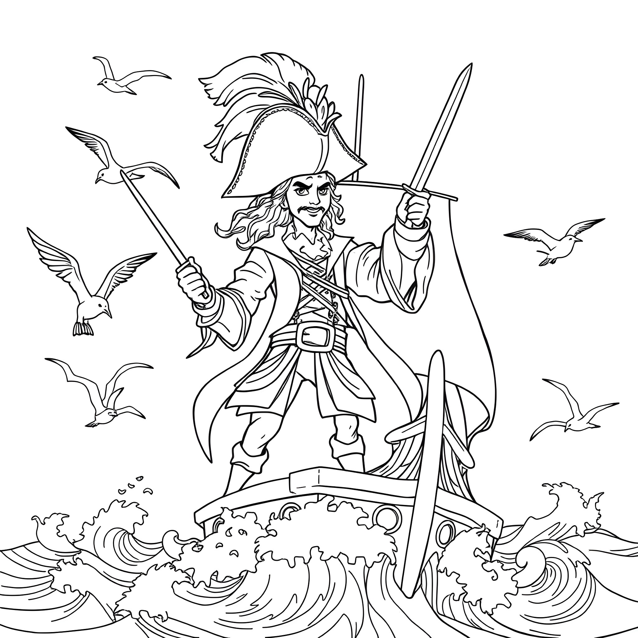 Captain Hook commanding his ship on the high seas Coloring Page (free black-and-white line drawing printable PDF for all, from beginners to advanced learners, including children, teens, adults, and seniors)