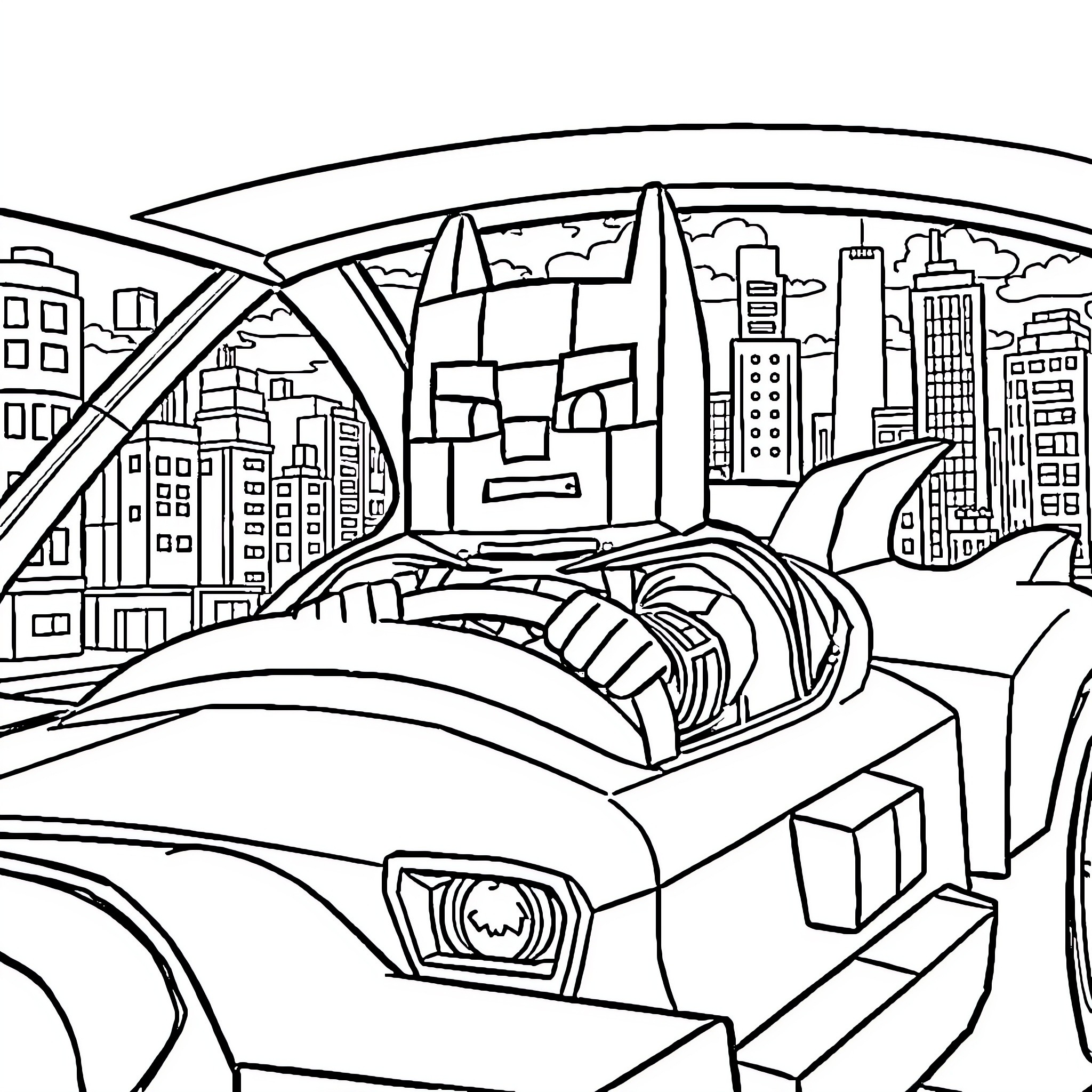 Minecraft Character Driving a Sports Car in the City Coloring Page (free black-and-white line drawing printable PDF for all, from beginners to advanced learners, including children, teens, adults, and seniors)