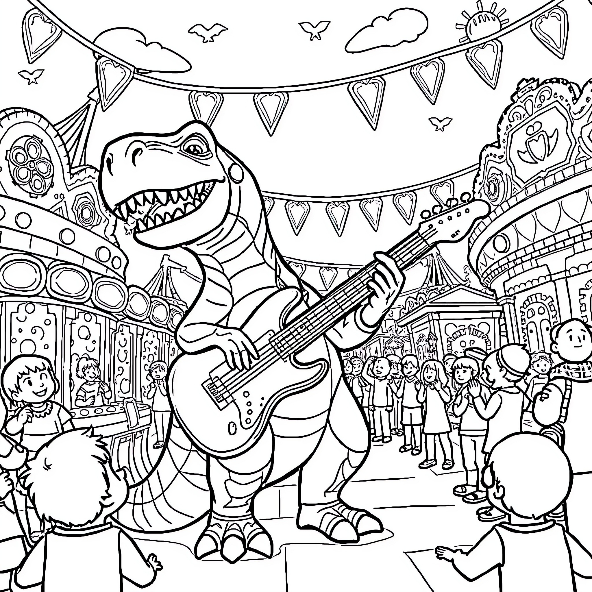 Dinosaur playing guitar at carnival festival Coloring Page (free black-and-white line drawing printable PDF for all, from beginners to advanced learners, including children, teens, adults, and seniors)
