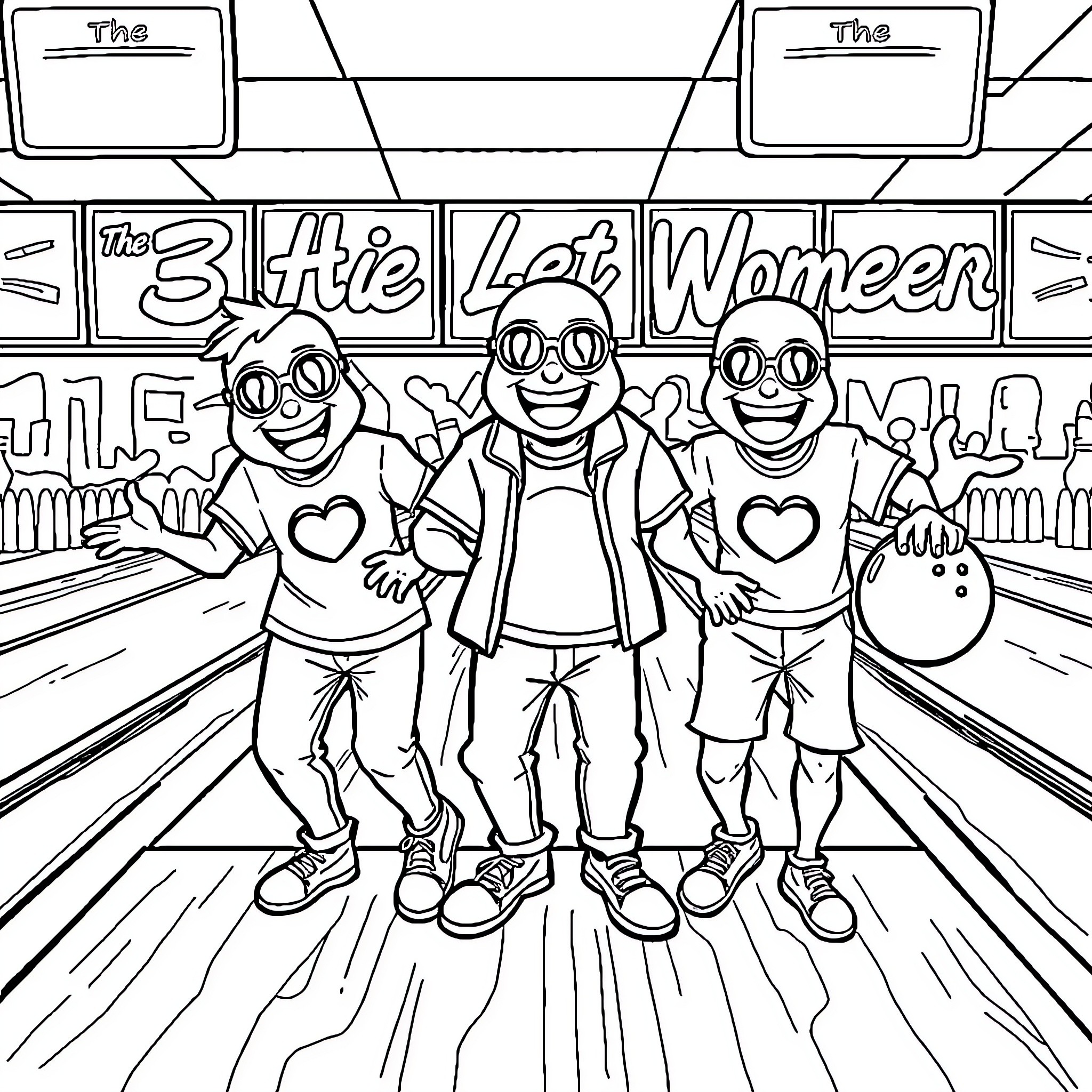 Bowling Team Enjoying a Fun Game Coloring Page (free black-and-white line drawing printable PDF for all, from beginners to advanced learners, including children, teens, adults, and seniors)
