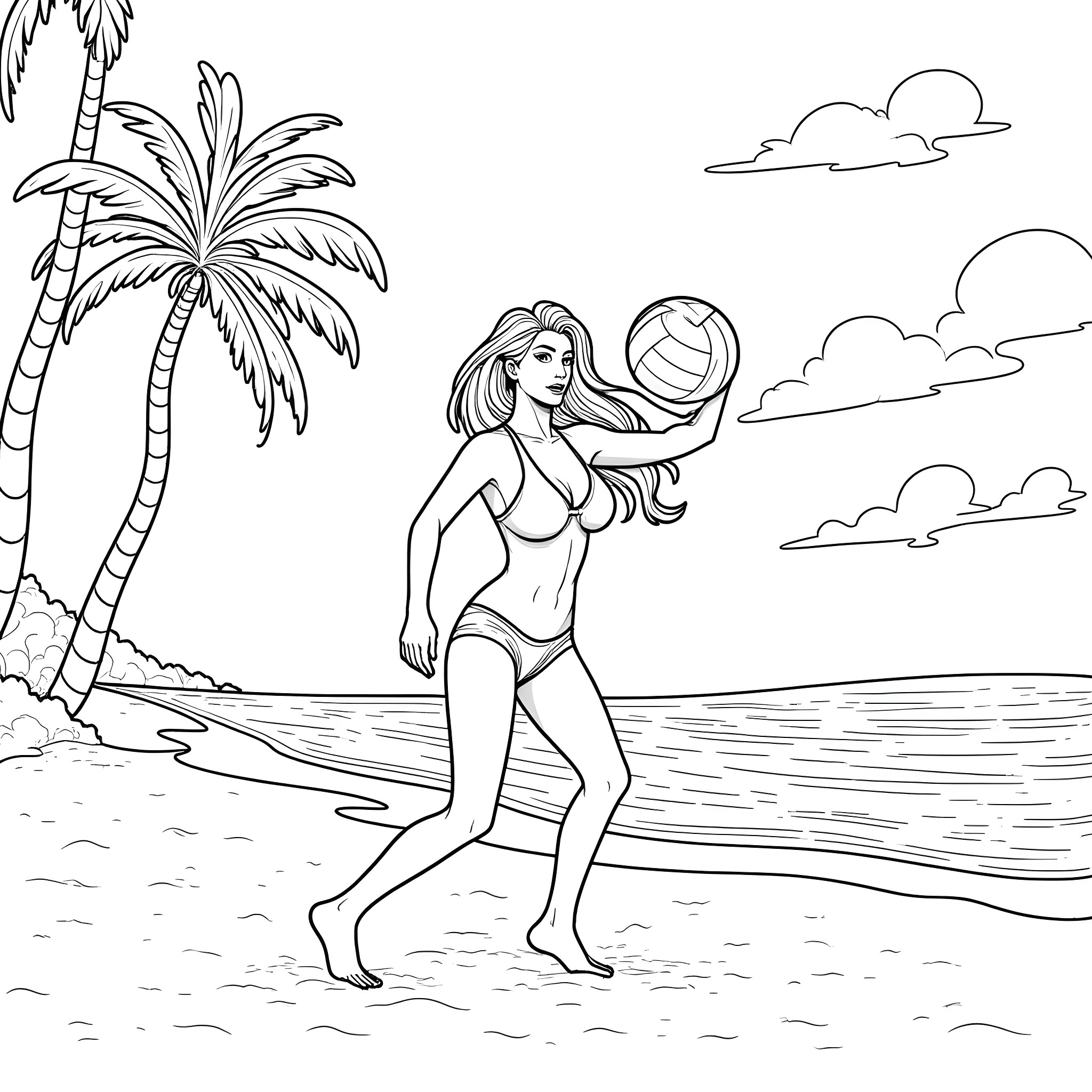 Kelly Brook playing with beach volleyball on tropical island Coloring Page (free black-and-white line drawing printable PDF for all, from beginners to advanced learners, including children, teens, adults, and seniors)