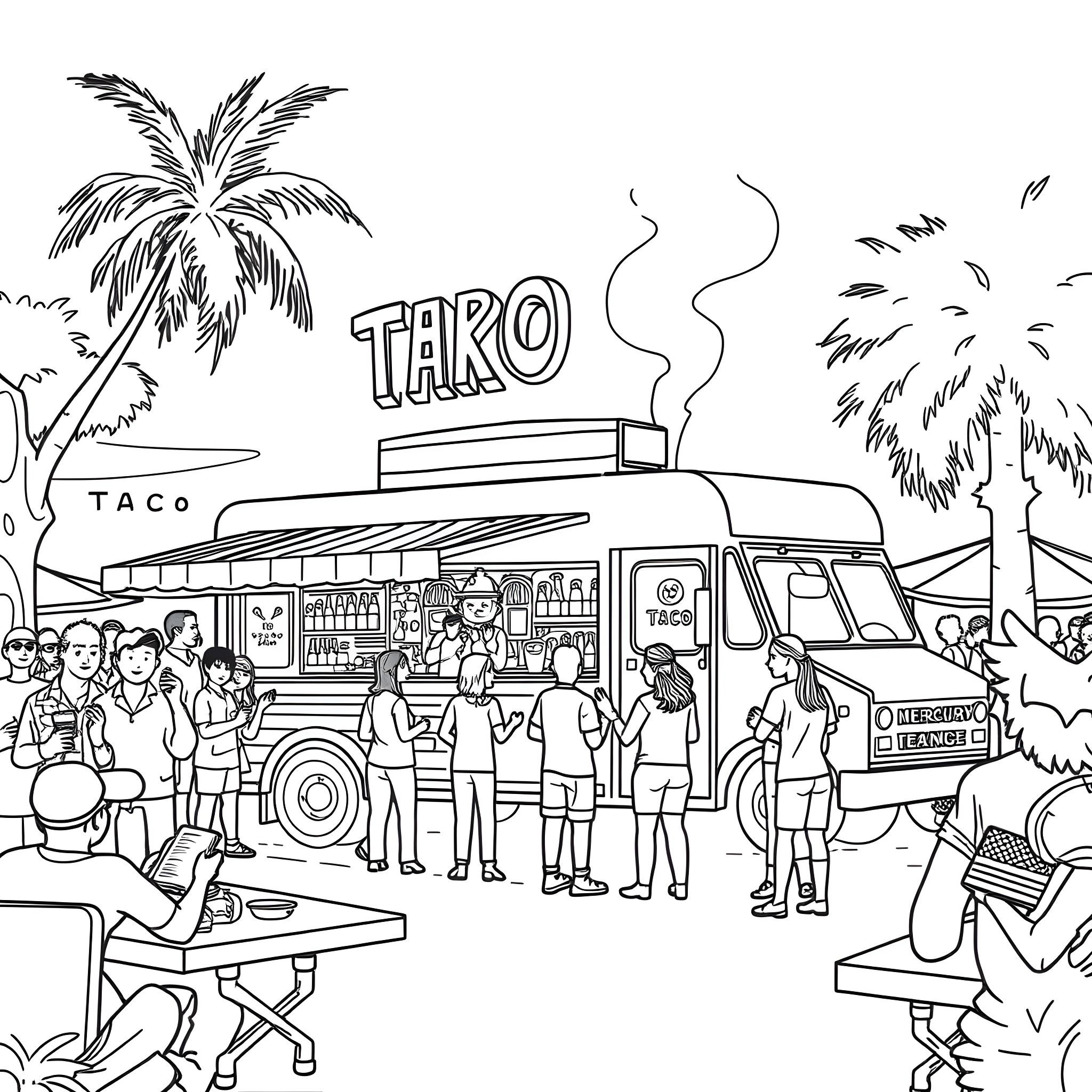 Taco Truck serving customers in a lively outdoor setting Coloring Page (free black-and-white line drawing printable PDF for all, from beginners to advanced learners, including children, teens, adults, and seniors)