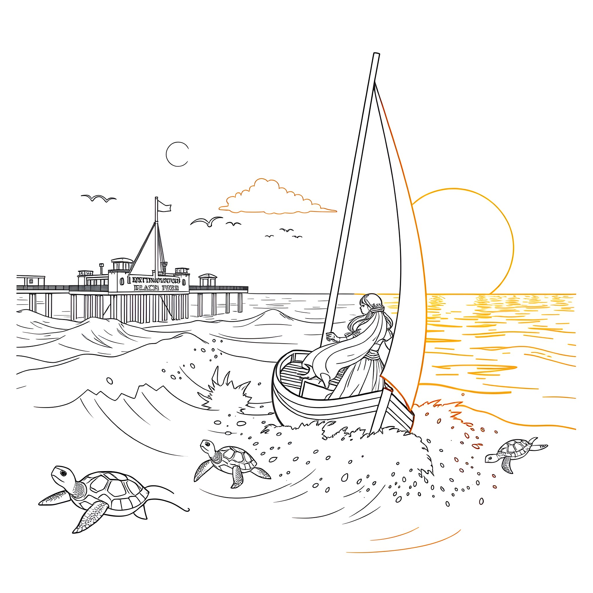 Moana sailing on the ocean with sea creatures Coloring Page (free black-and-white line drawing printable PDF for all, from beginners to advanced learners, including children, teens, adults, and seniors)