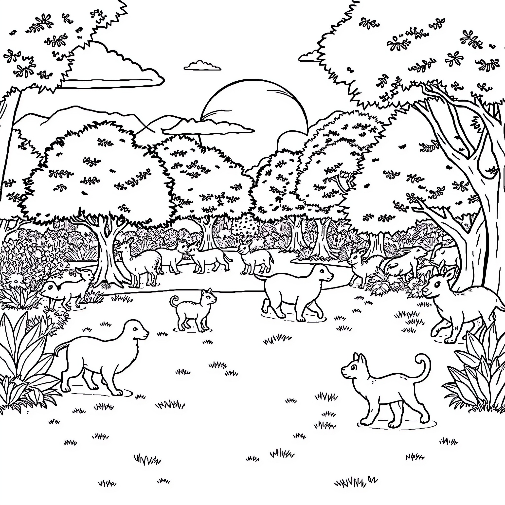 Animal scene with various wildlife in the forest Coloring Page (free black-and-white line drawing printable PDF for all, from beginners to advanced learners, including children, teens, adults, and seniors)