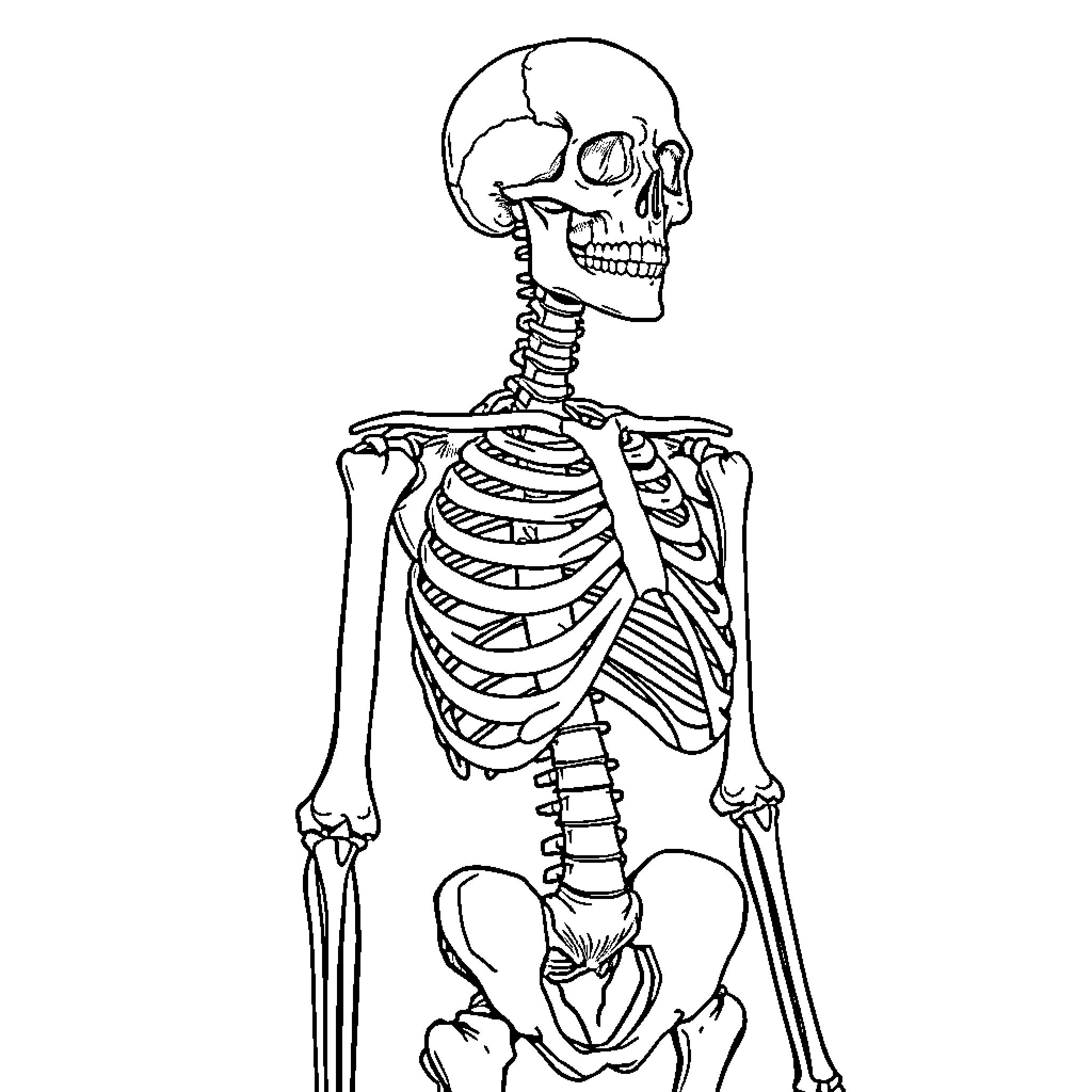 Skeleton in relaxed stance Coloring Page (free black-and-white line drawing printable PDF for all, from beginners to advanced learners, including children, teens, adults, and seniors)