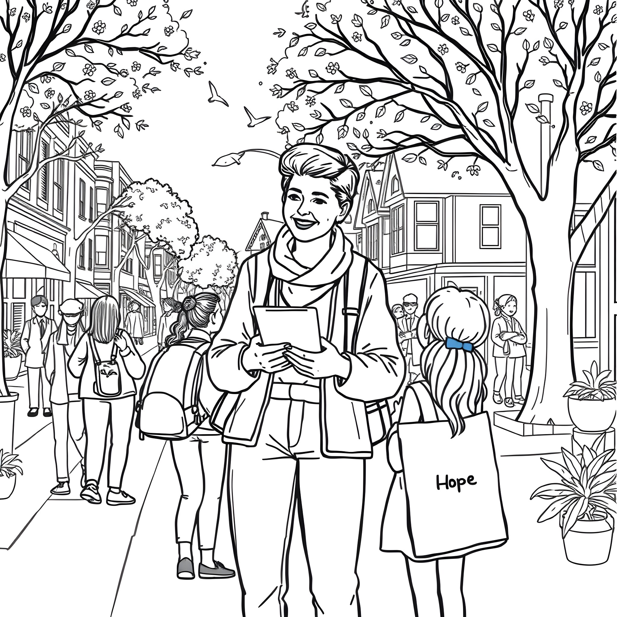 Social Worker Helping Community in Neighborhood Scene Coloring Page (free black-and-white line drawing printable PDF for all, from beginners to advanced learners, including children, teens, adults, and seniors)