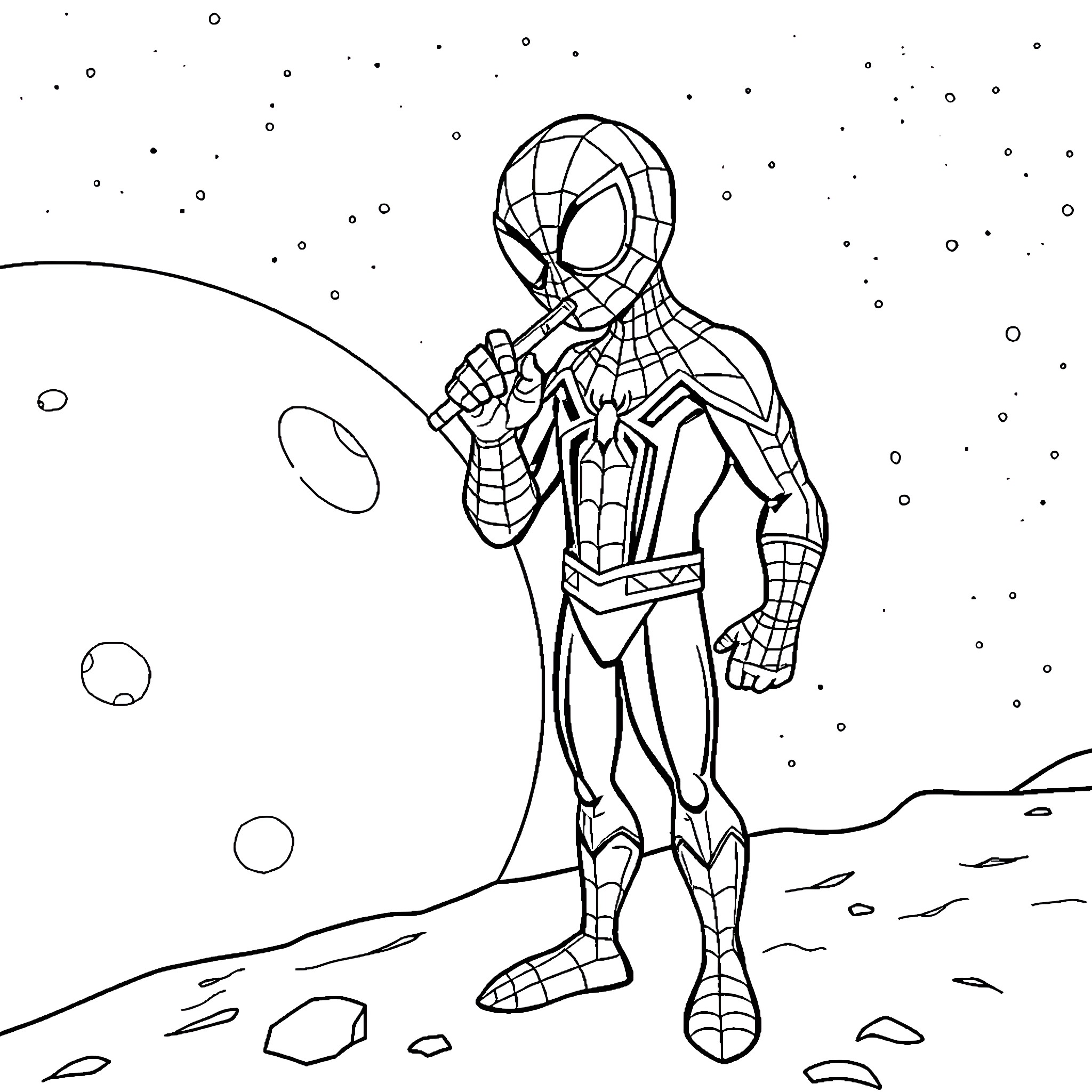 Spiderman Heroically Stands on Alien Planet Coloring Page (free black-and-white line drawing printable PDF for all, from beginners to advanced learners, including children, teens, adults, and seniors)