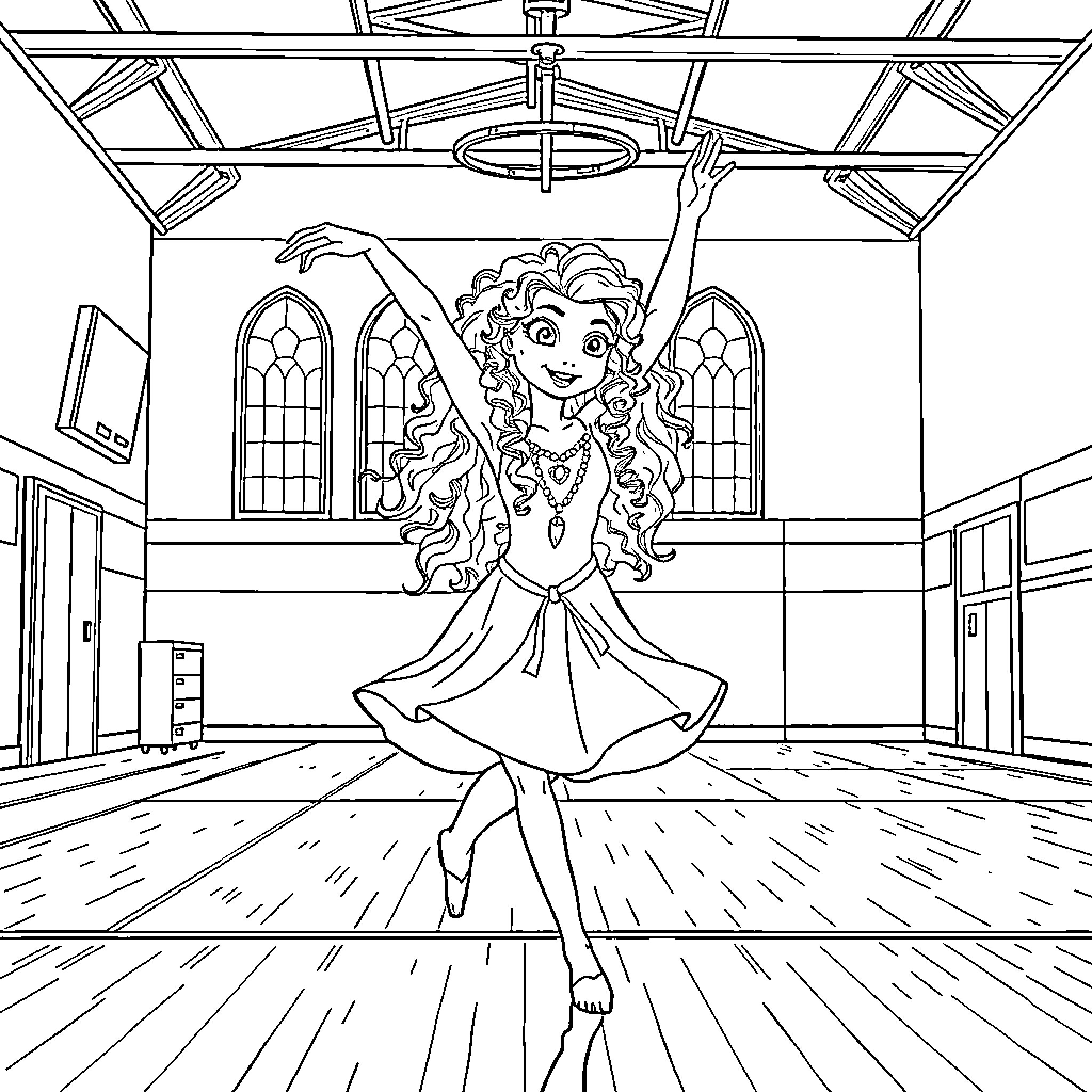 Merida dancing gracefully in a grand hall Coloring Page (free black-and-white line drawing printable PDF for all, from beginners to advanced learners, including children, teens, adults, and seniors)
