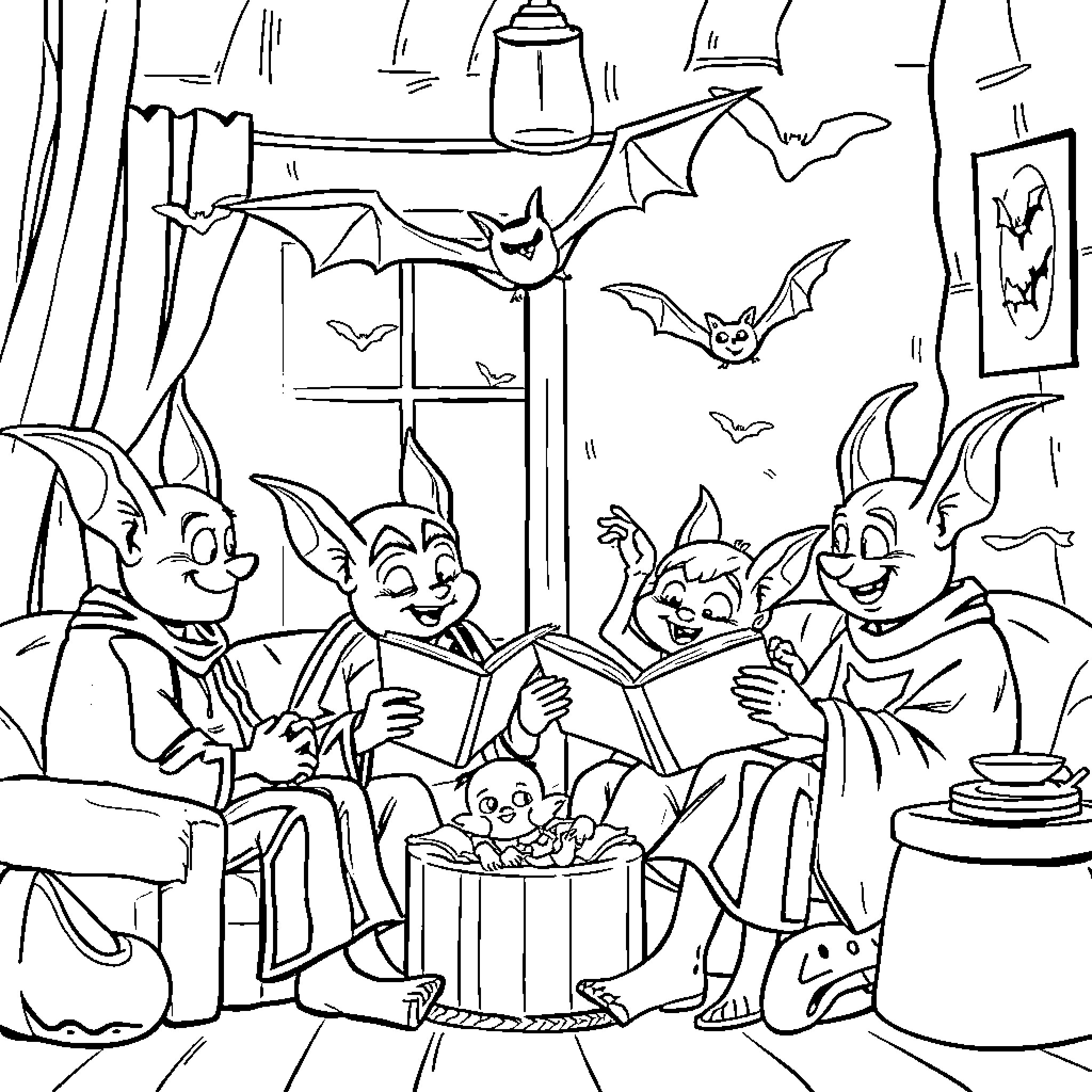 Bat friends enjoying a cozy evening together Coloring Page (free black-and-white line drawing printable PDF for all, from beginners to advanced learners, including children, teens, adults, and seniors)
