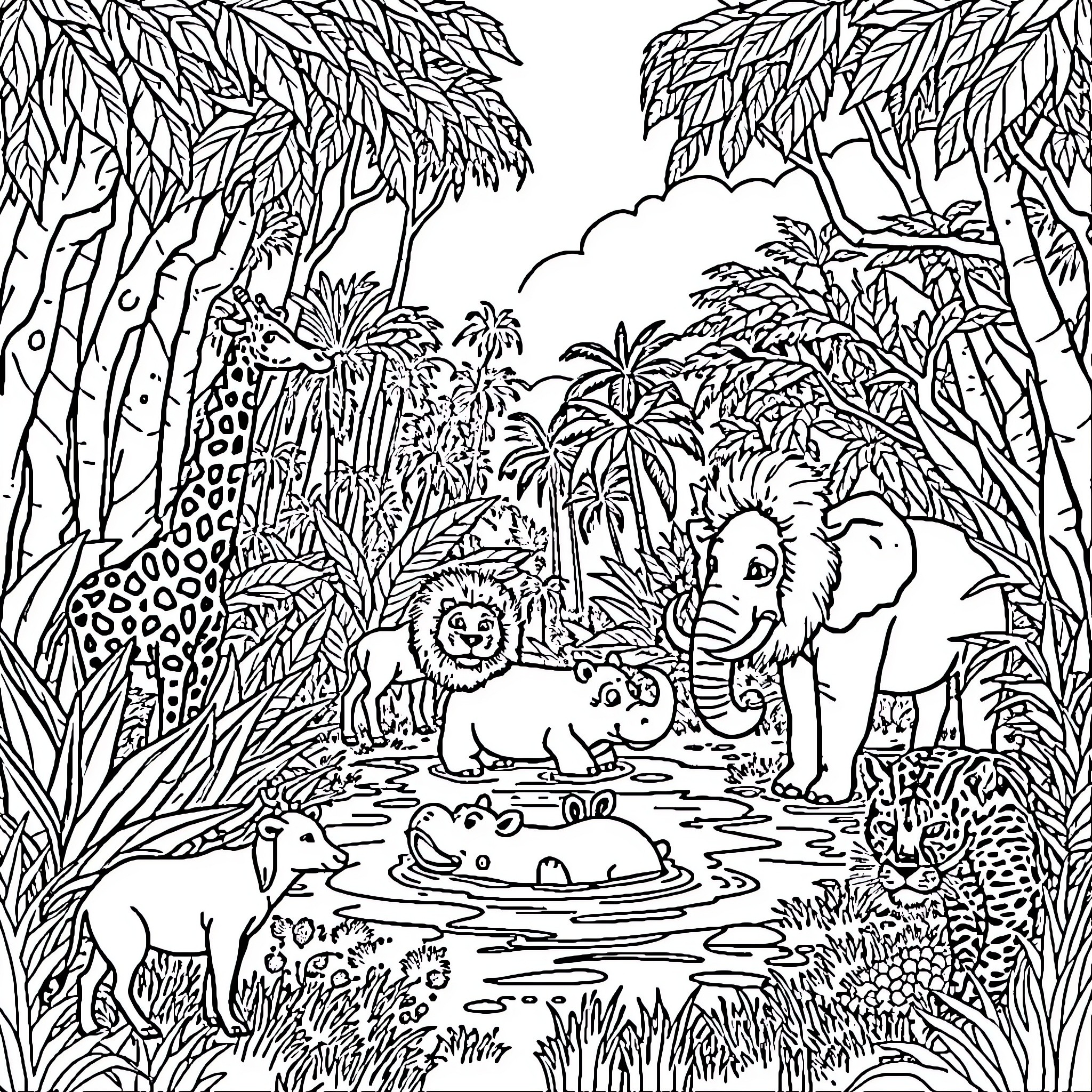 Animal Jungle Scene with Wildlife Coloring Page (free black-and-white line drawing printable PDF for all, from beginners to advanced learners, including children, teens, adults, and seniors)