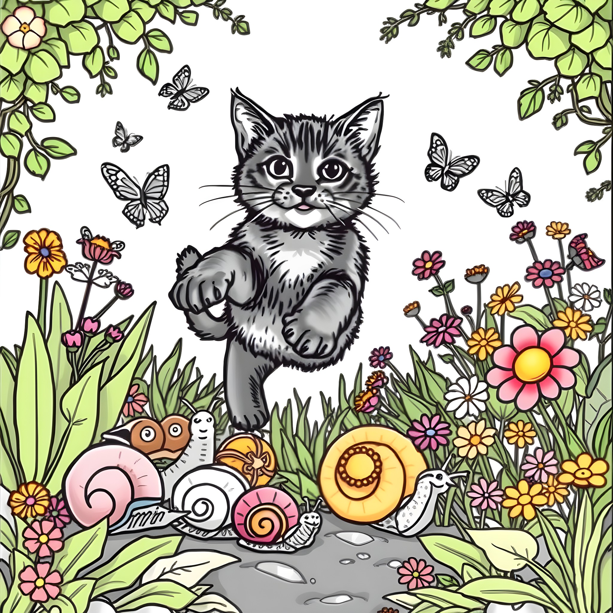 Cat playing in a colorful flower garden Coloring Page (free black-and-white line drawing printable PDF for all, from beginners to advanced learners, including children, teens, adults, and seniors)
