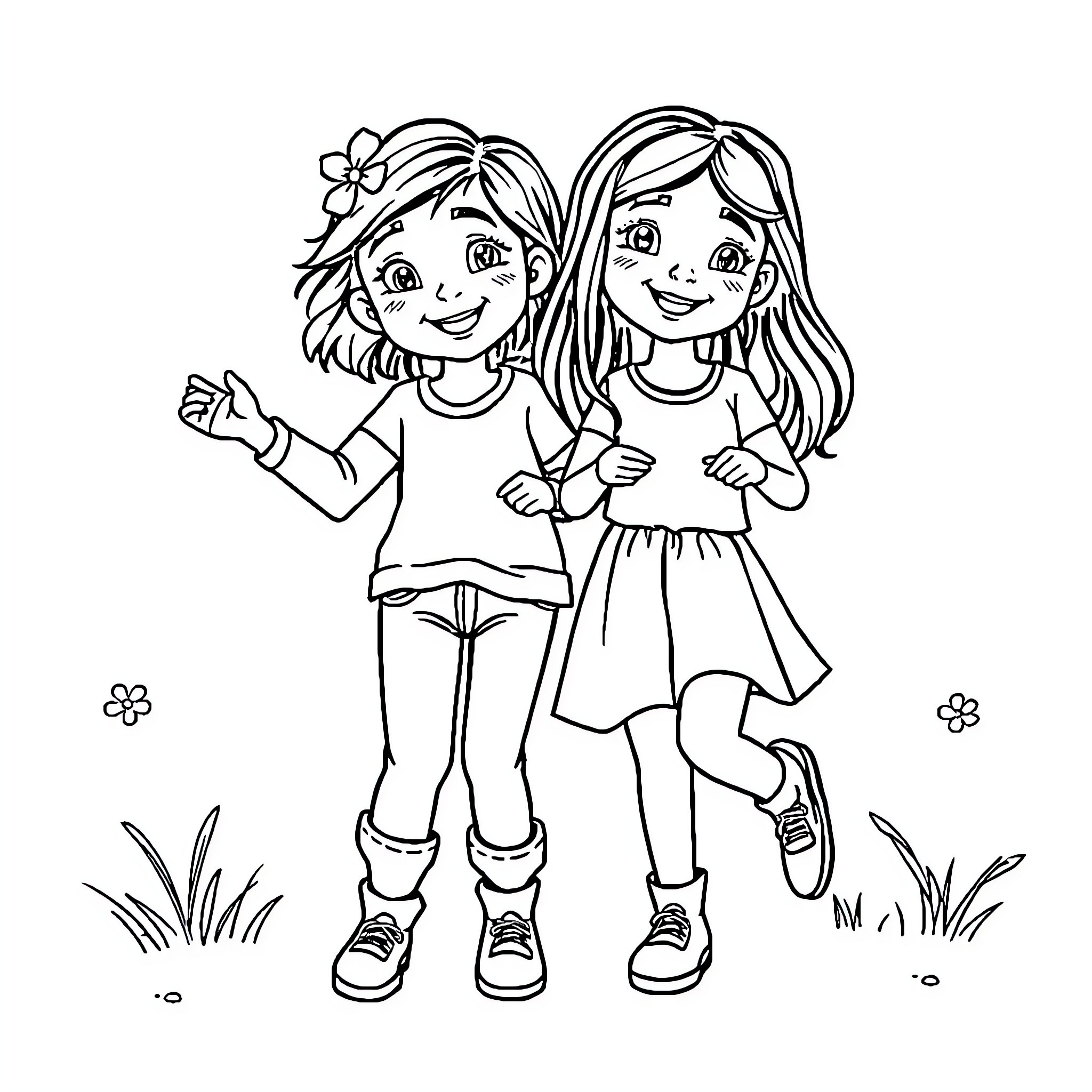 Amiga friends playing together cheerfully Coloring Page (free black-and-white line drawing printable PDF for all, from beginners to advanced learners, including children, teens, adults, and seniors)