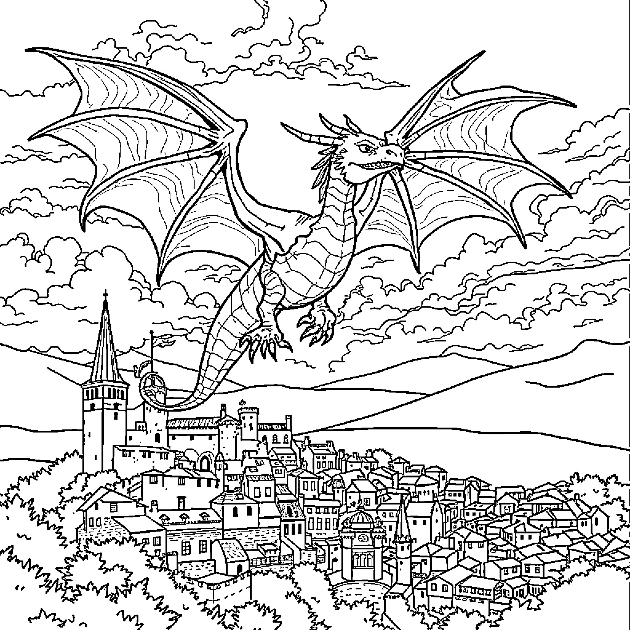 Drac de Ribes soaring over the fantasy town Coloring Page (free black-and-white line drawing printable PDF for all, from beginners to advanced learners, including children, teens, adults, and seniors)