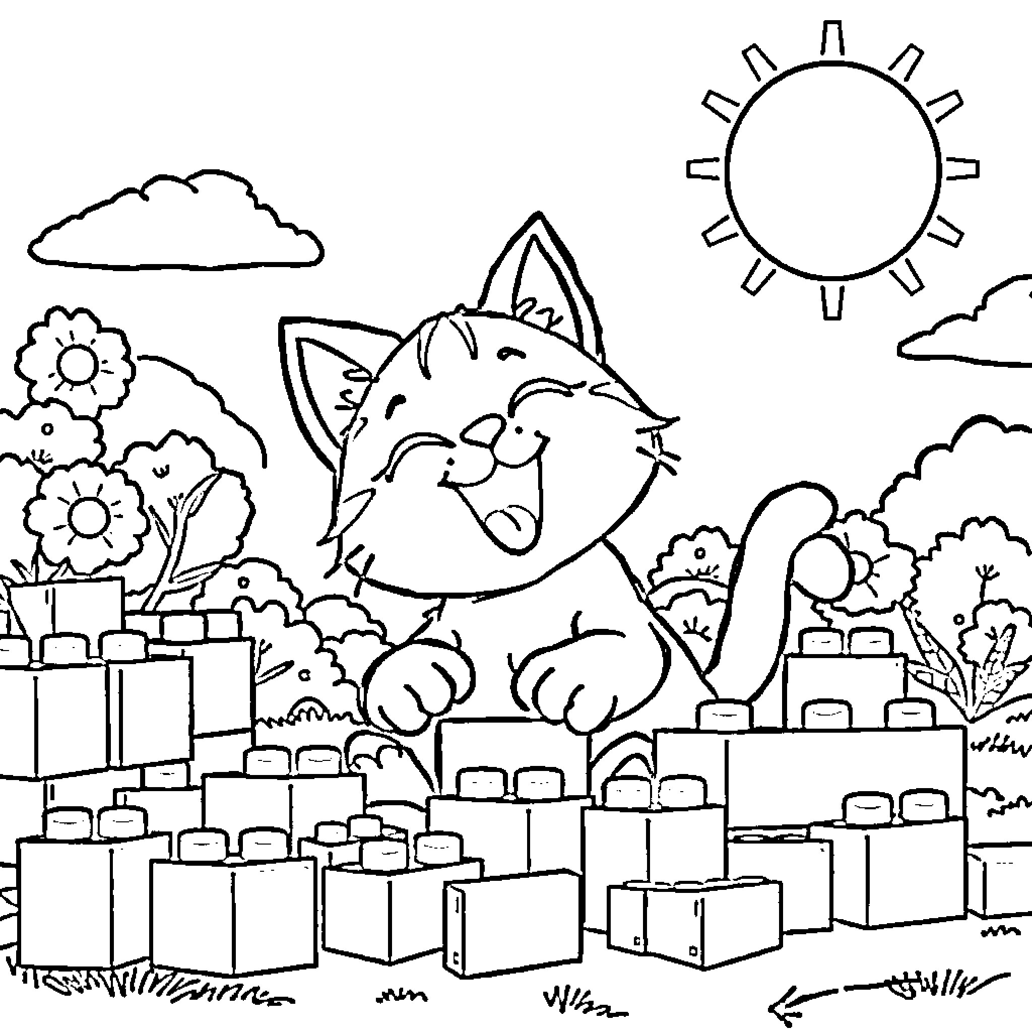 Cat playing in a colorful landscape Coloring Page (free black-and-white line drawing printable PDF for all, from beginners to advanced learners, including children, teens, adults, and seniors)