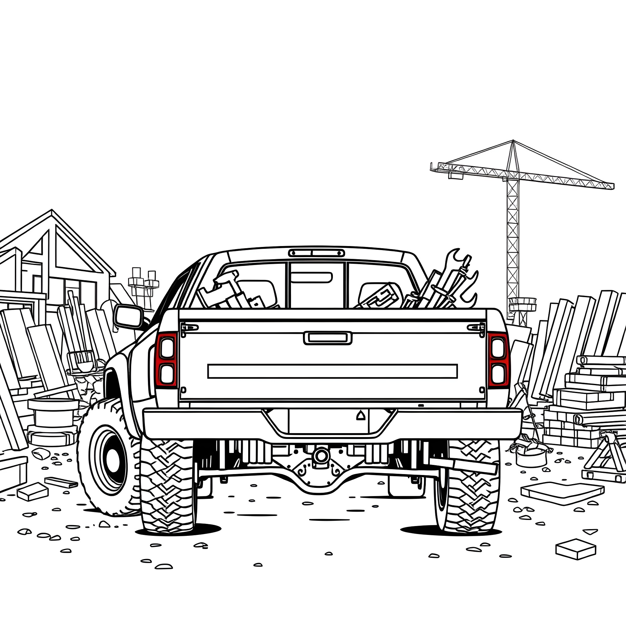 Pickup Truck Loaded with Construction Gear on Construction Site Coloring Page (free black-and-white line drawing printable PDF for all, from beginners to advanced learners, including children, teens, adults, and seniors)