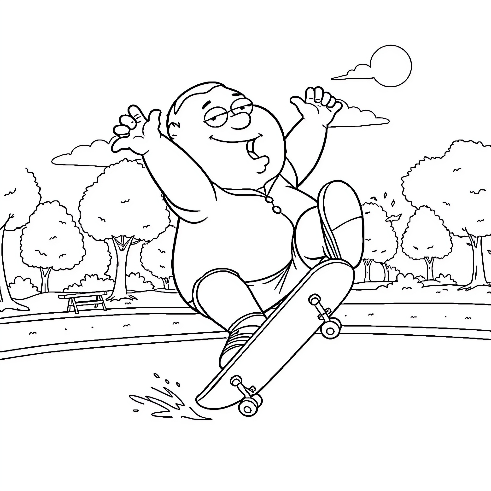 Peter Griffin skateboarding in a park Coloring Page (free black-and-white line drawing printable PDF for all, from beginners to advanced learners, including children, teens, adults, and seniors)