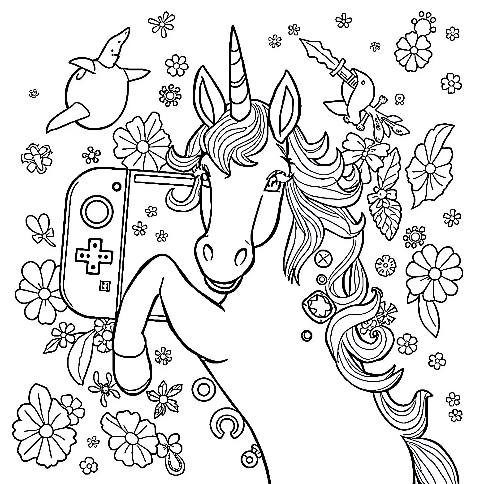 Unicorn Gamer Surrounded by Whimsical Floral Elements Coloring Page (free black-and-white line drawing printable PDF for all, from beginners to advanced learners, including children, teens, adults, and seniors)