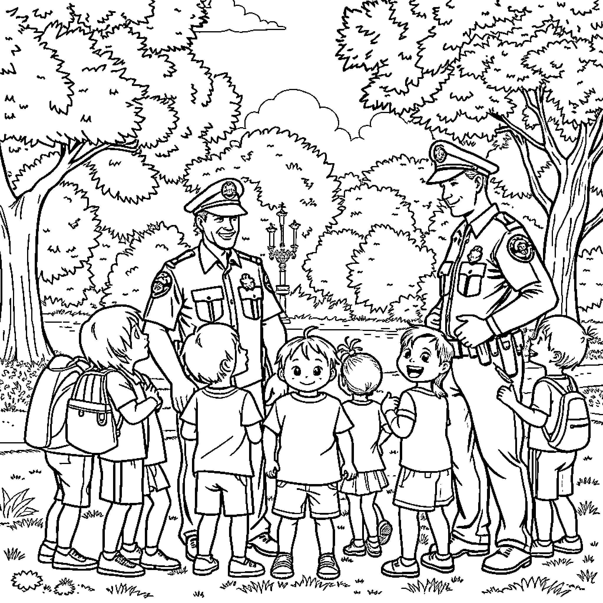 Police Officers Interacting with Children in a Park Coloring Page (free black-and-white line drawing printable PDF for all, from beginners to advanced learners, including children, teens, adults, and seniors)