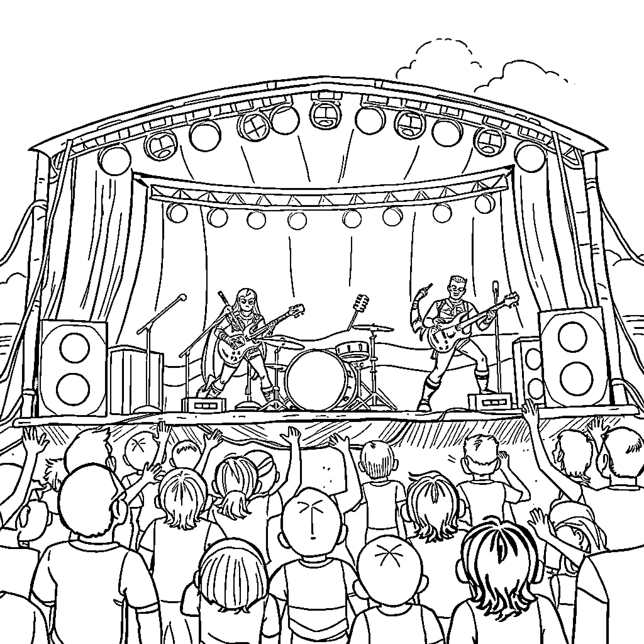 Superhero band rocking out on stage before cheering crowd Coloring Page (free black-and-white line drawing printable PDF for all, from beginners to advanced learners, including children, teens, adults, and seniors)