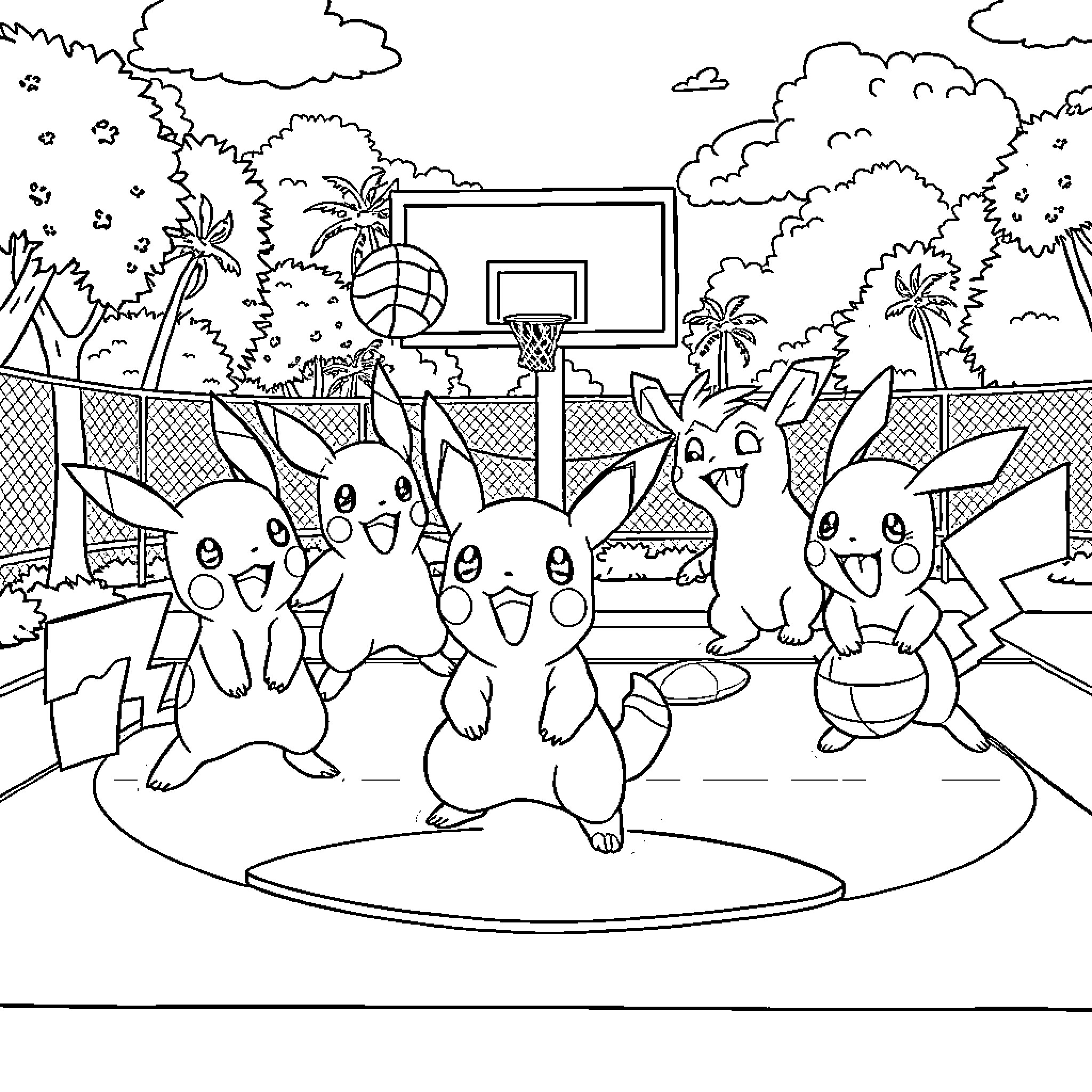 Pokémon characters playing basketball in outdoor court Coloring Page (free black-and-white line drawing printable PDF for all, from beginners to advanced learners, including children, teens, adults, and seniors)