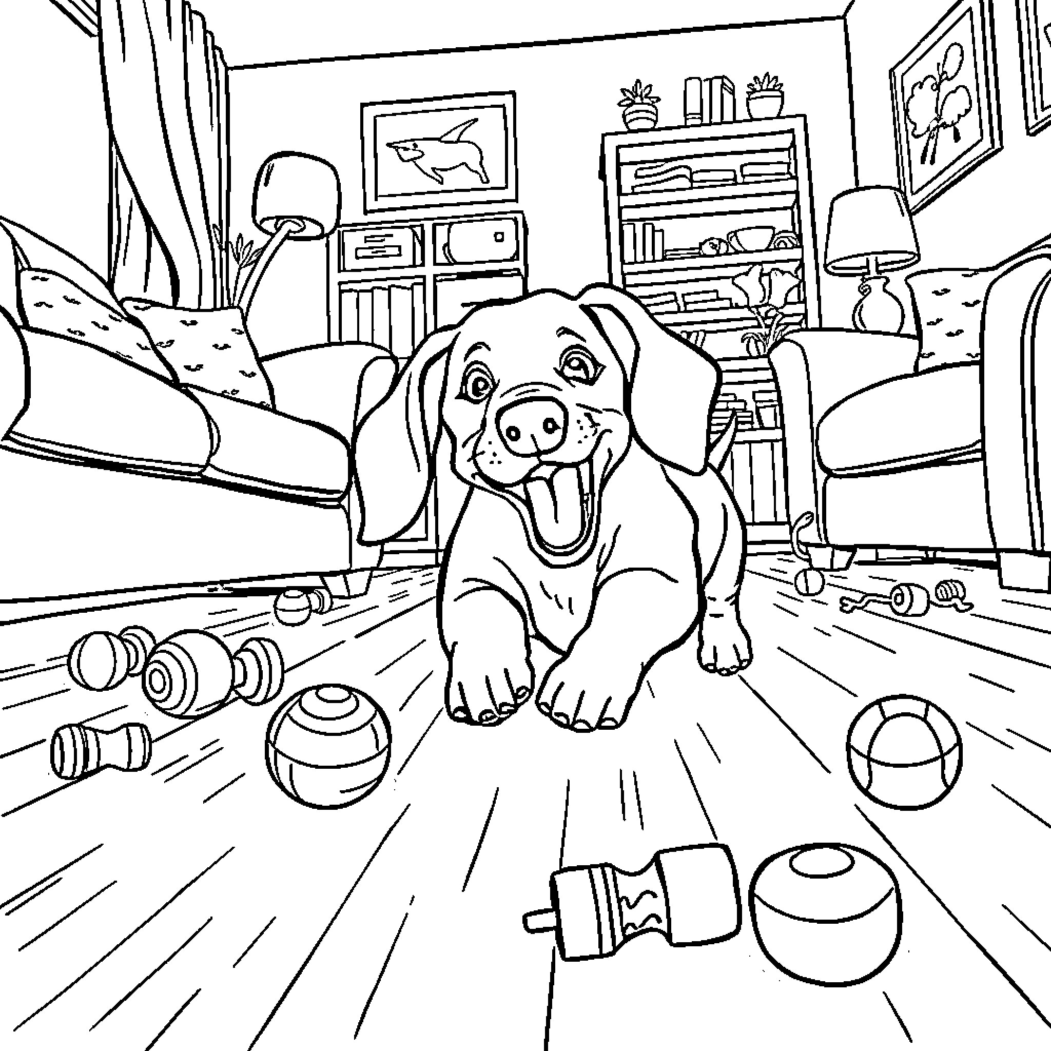 Dachshund playing with toys in living room Coloring Page (free black-and-white line drawing printable PDF for all, from beginners to advanced learners, including children, teens, adults, and seniors)