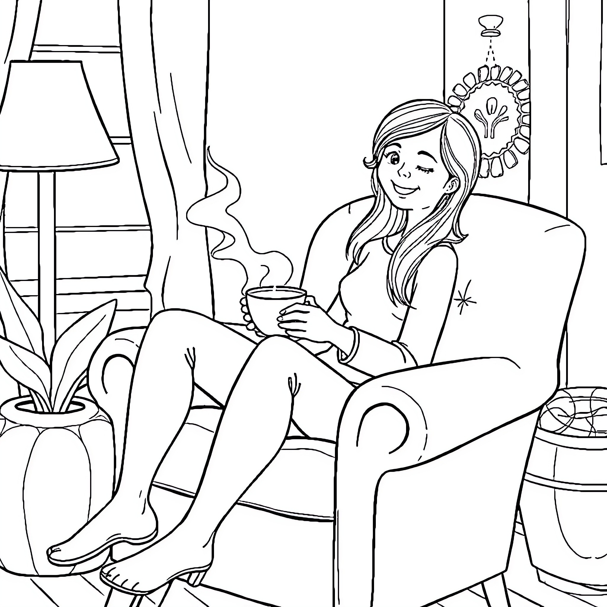 Tay relaxing comfortably in her cozy home Coloring Page (free black-and-white line drawing printable PDF for all, from beginners to advanced learners, including children, teens, adults, and seniors)