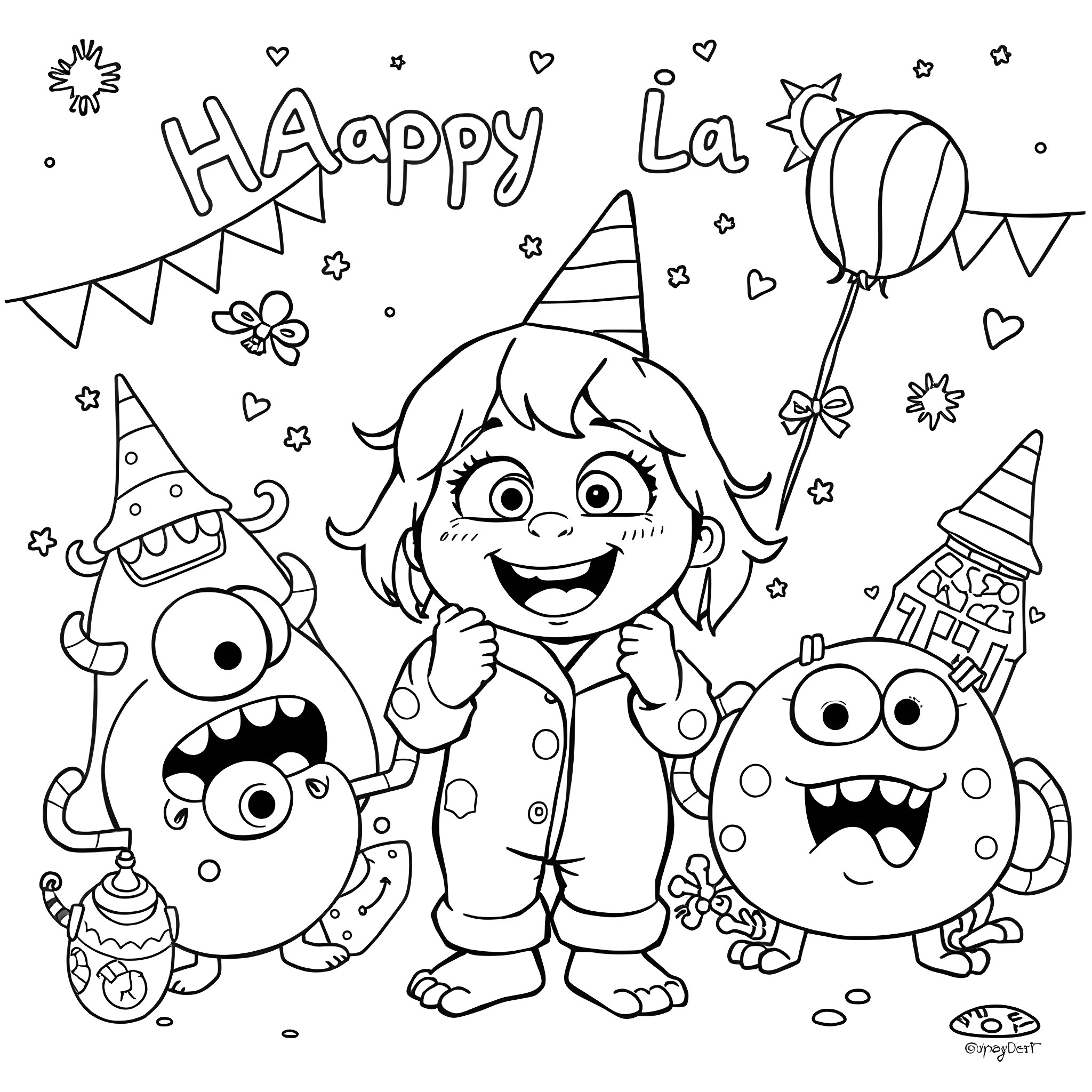 Boo Kids Celebrate with Monsters and Balloons Coloring Page (free black-and-white line drawing printable PDF for all, from beginners to advanced learners, including children, teens, adults, and seniors)