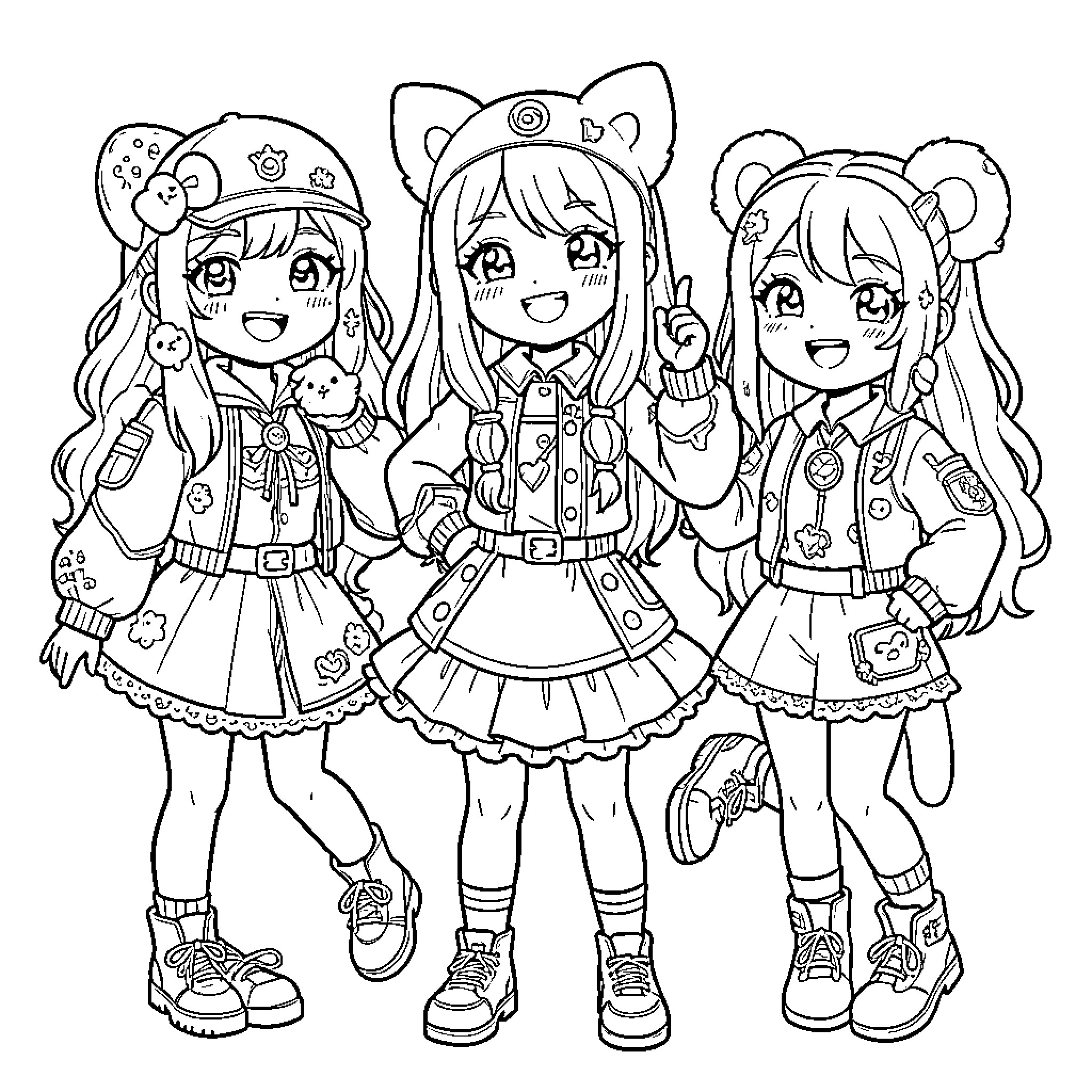 K-pop Hunter: Cheerful Anime Girls in Vibrant Outfits Coloring Page (free black-and-white line drawing printable PDF for all, from beginners to advanced learners, including children, teens, adults, and seniors)